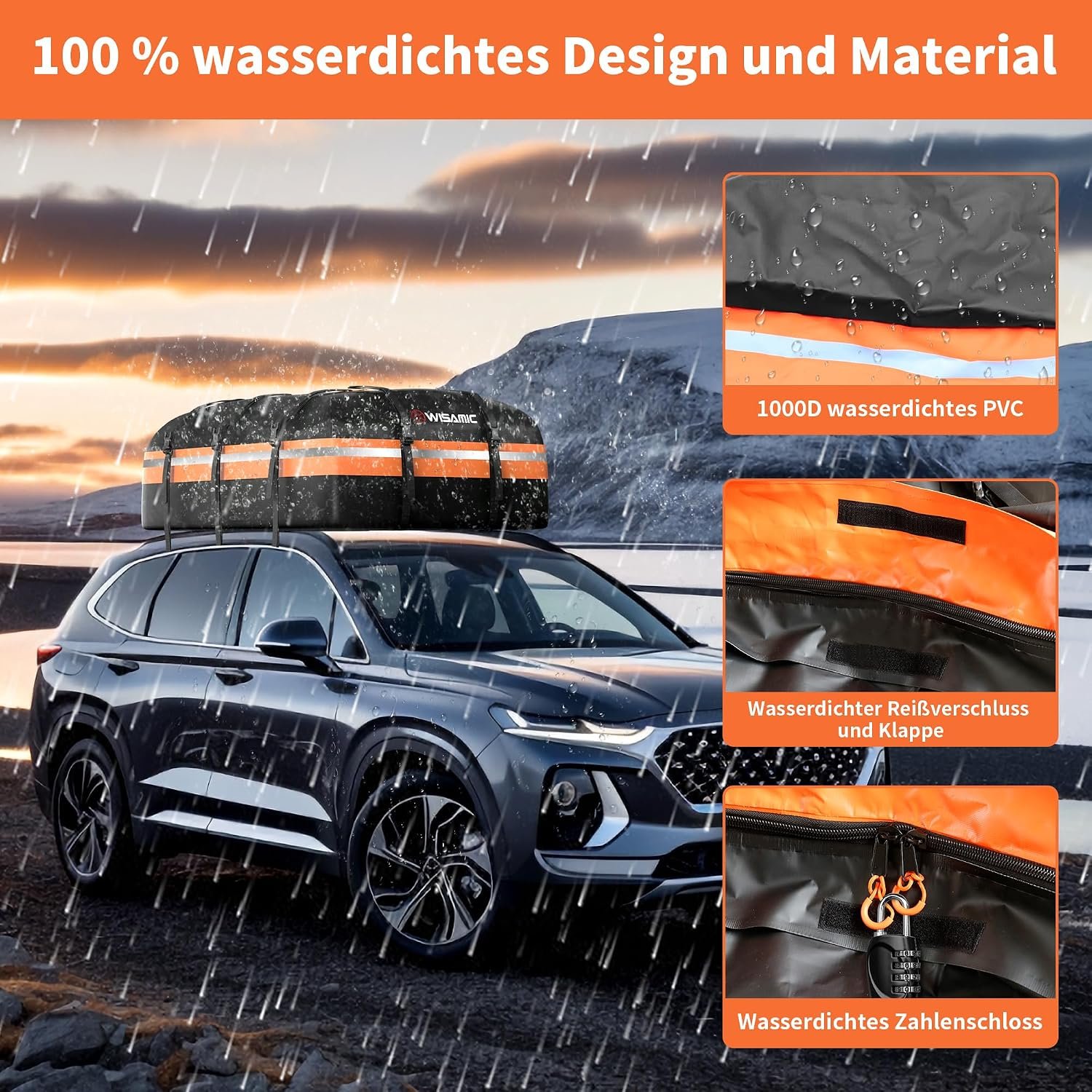 Wisamic Autodachbox 595L, faltbare Dachtasche, Dachbox, Aufbewahrungsbox, 1000D, wasserdichter Dachträger, Gepäckbox für Autos, Transporter, SUVs – Bild 2