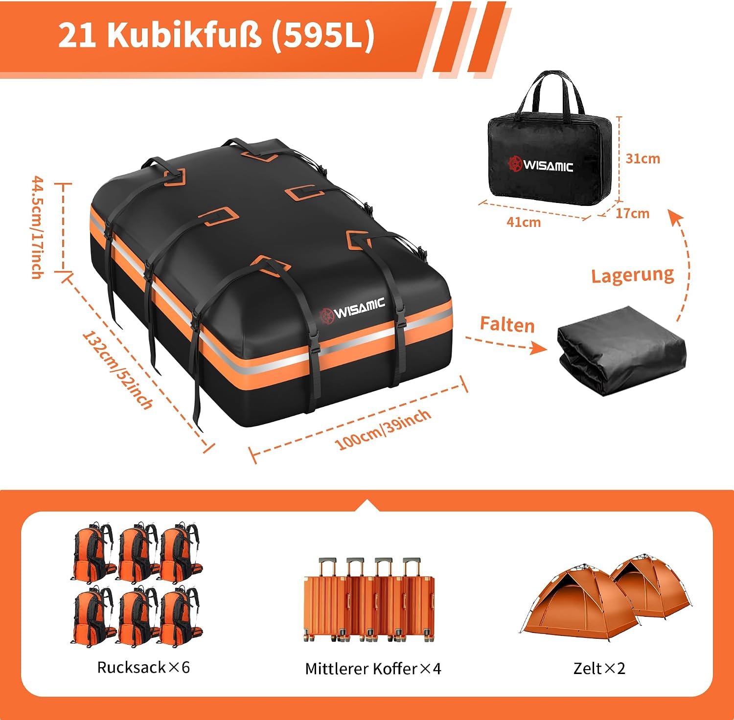Wisamic Autodachbox 595L, faltbare Dachtasche, Dachbox, Aufbewahrungsbox, 1000D, wasserdichter Dachträger, Gepäckbox für Autos, Transporter, SUVs – Bild 6
