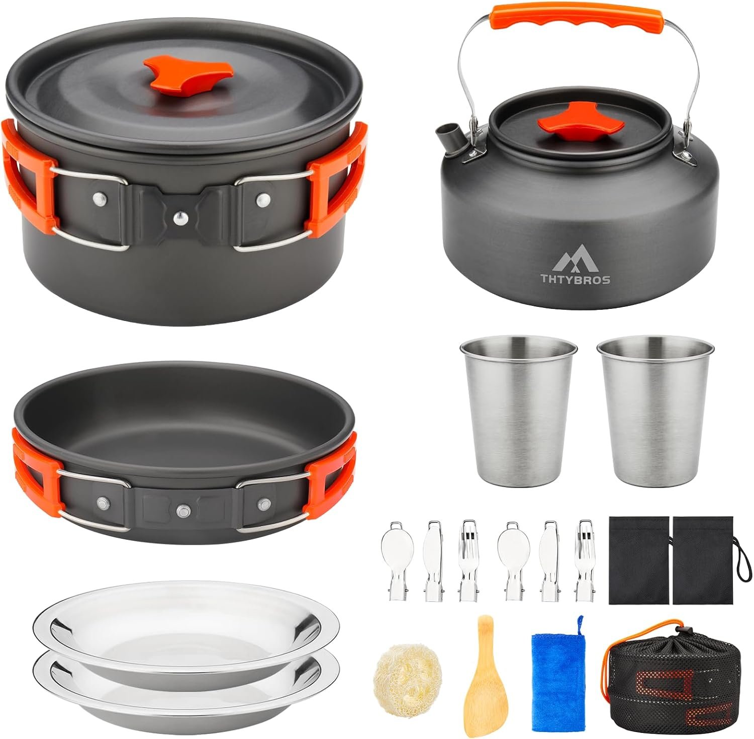 THTYBROS 17-teiliges Camping-Kochgeschirr-Set, hart eloxiertes Aluminium-Topf-Pfanne-Kessel mit 2 Edelstahl-Tassen, Teller, Besteck für Outdoor-Wandern, Rucksackreisen, Picknick