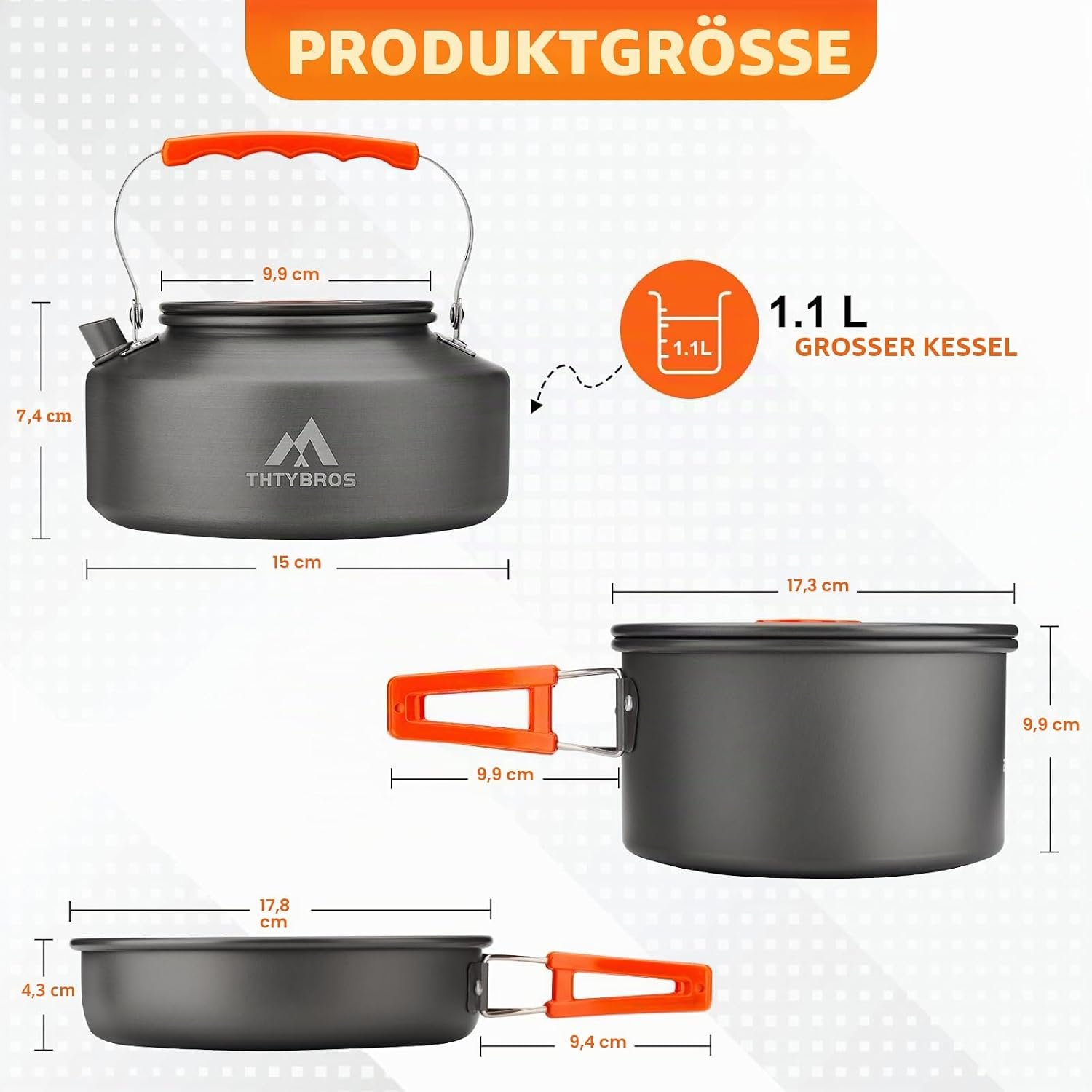 THTYBROS 17-teiliges Camping-Kochgeschirr-Set, hart eloxiertes Aluminium-Topf-Pfanne-Kessel mit 2 Edelstahl-Tassen, Teller, Besteck für Outdoor-Wandern, Rucksackreisen, Picknick – Bild 2