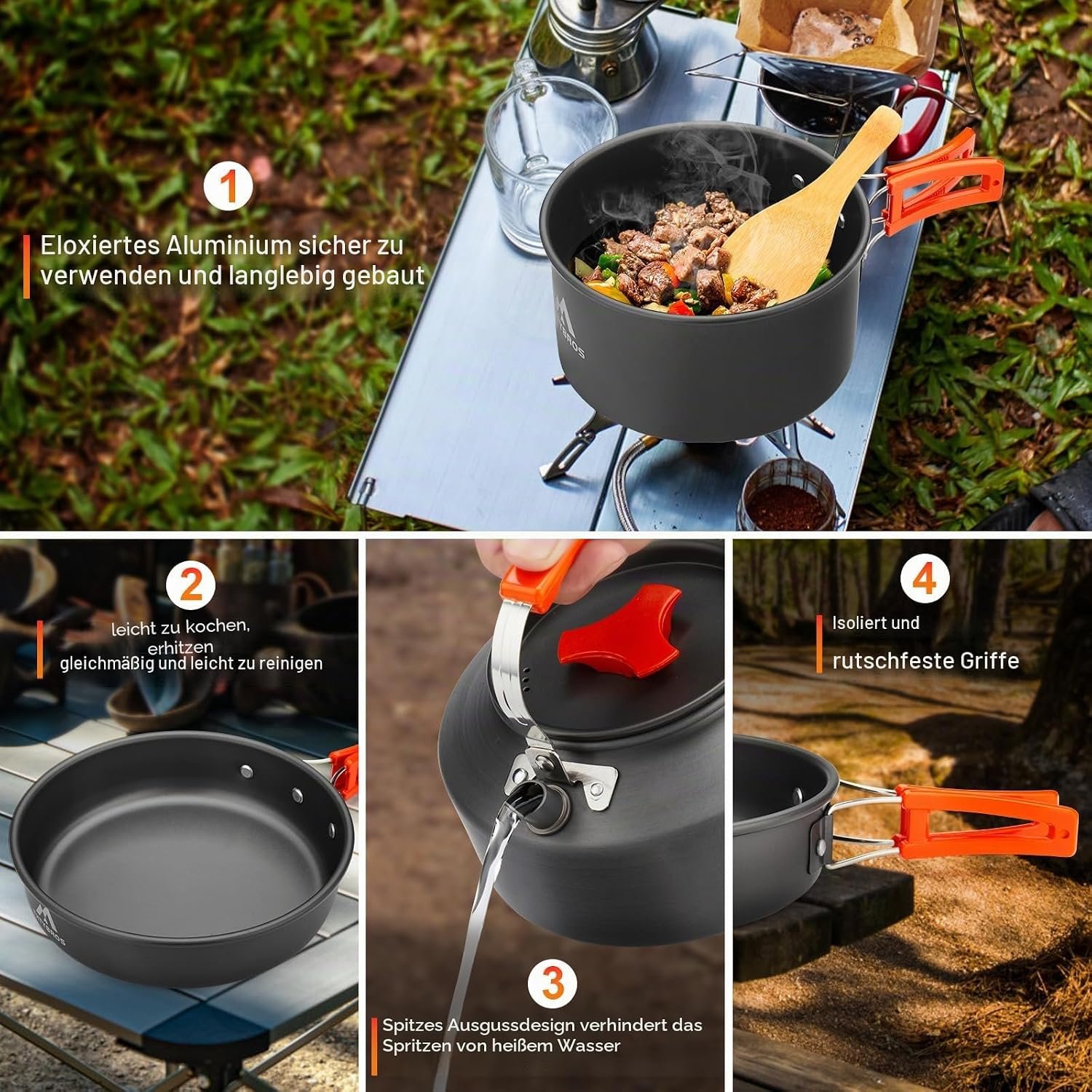 THTYBROS 17-teiliges Camping-Kochgeschirr-Set, hart eloxiertes Aluminium-Topf-Pfanne-Kessel mit 2 Edelstahl-Tassen, Teller, Besteck für Outdoor-Wandern, Rucksackreisen, Picknick – Bild 6
