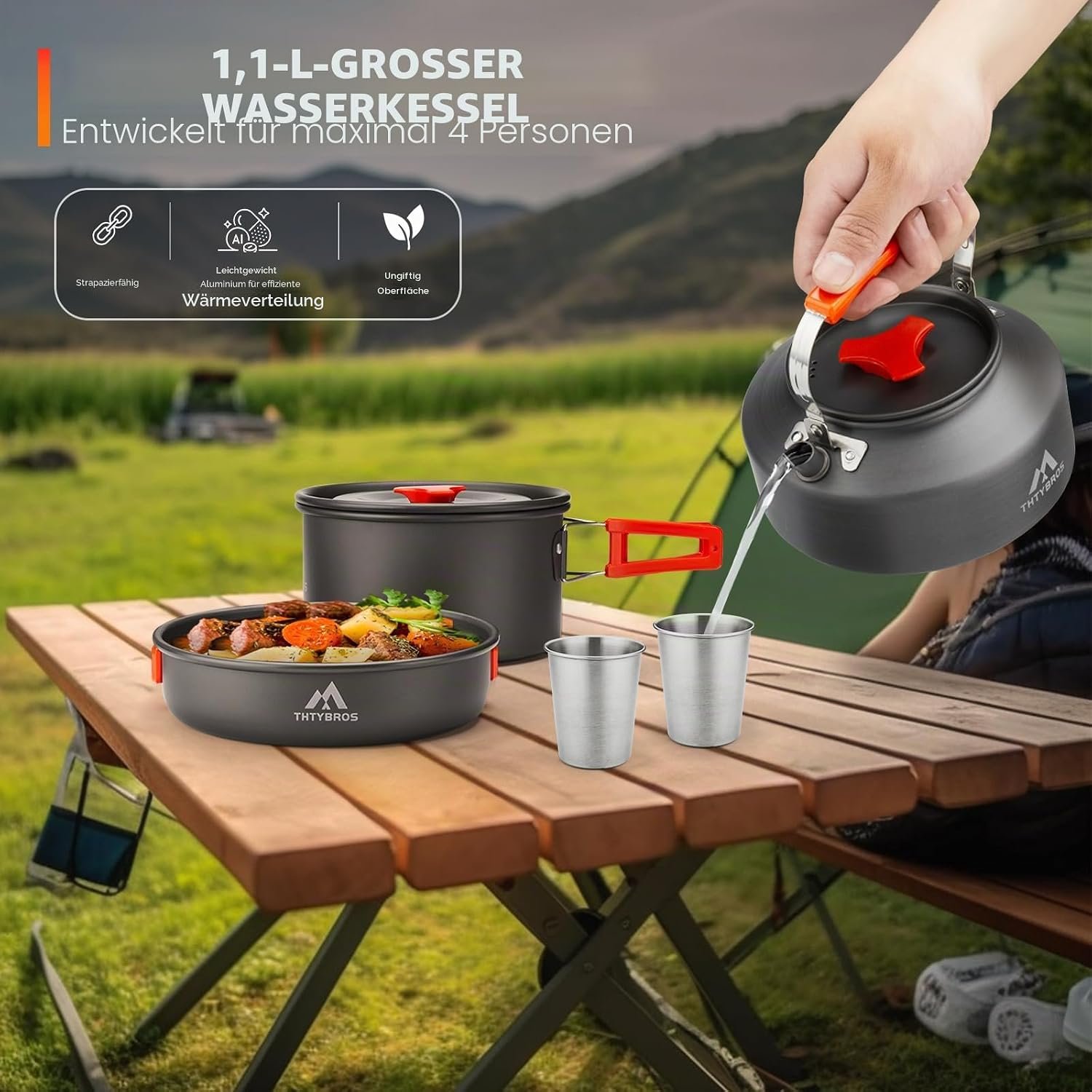 THTYBROS 17-teiliges Camping-Kochgeschirr-Set, hart eloxiertes Aluminium-Topf-Pfanne-Kessel mit 2 Edelstahl-Tassen, Teller, Besteck für Outdoor-Wandern, Rucksackreisen, Picknick – Bild 7
