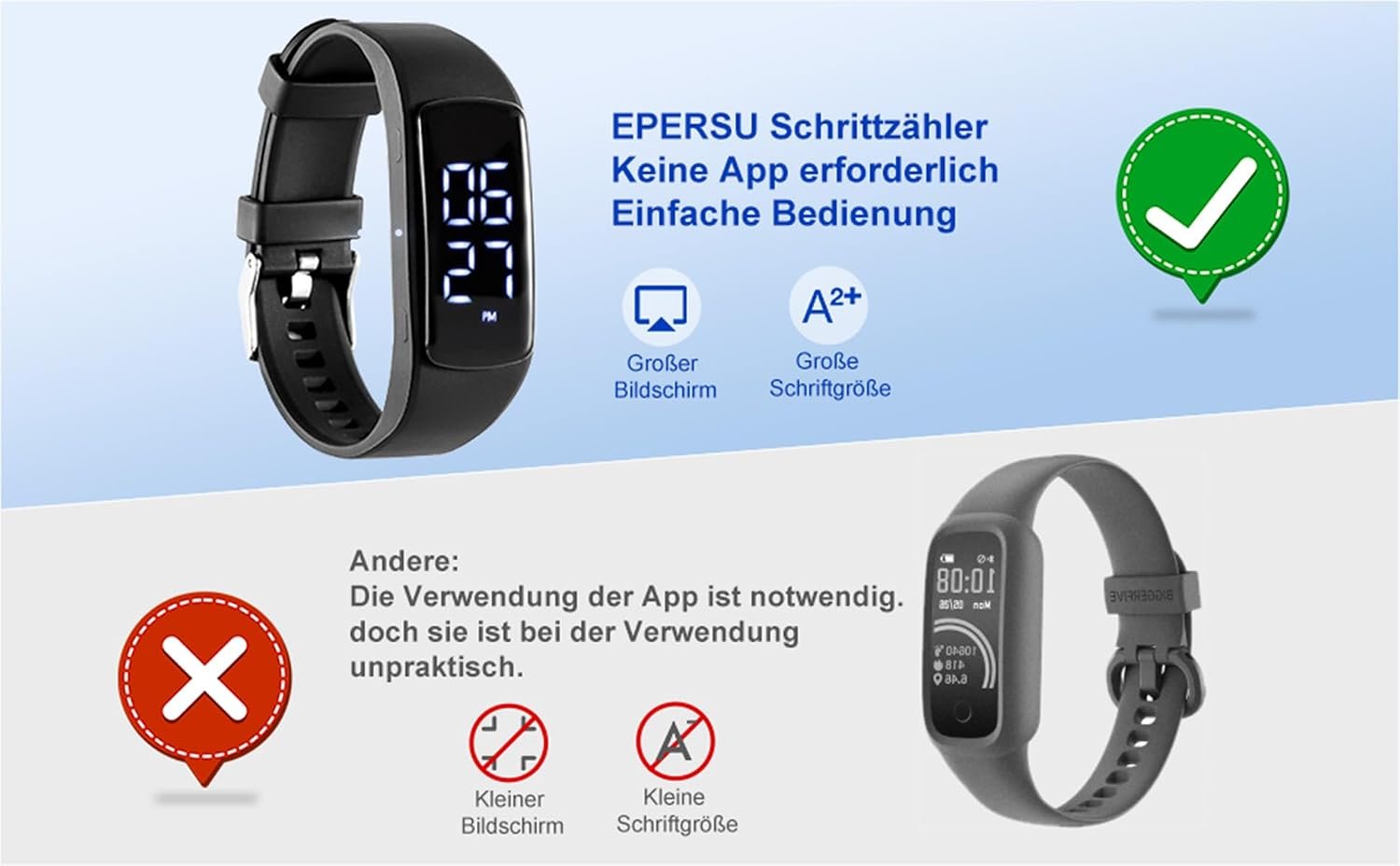 Ohne Mobilfunkverbindung, EPERSU IP68 wasserdichte Schrittzähleruhr, Fitness-Tracker-Armband, Kalorienzähler für Erwachsene, Kinder, Männer, Frauen, ohne App, ohne Bluetooth, für Sauna & Schwimmen – Bild 2