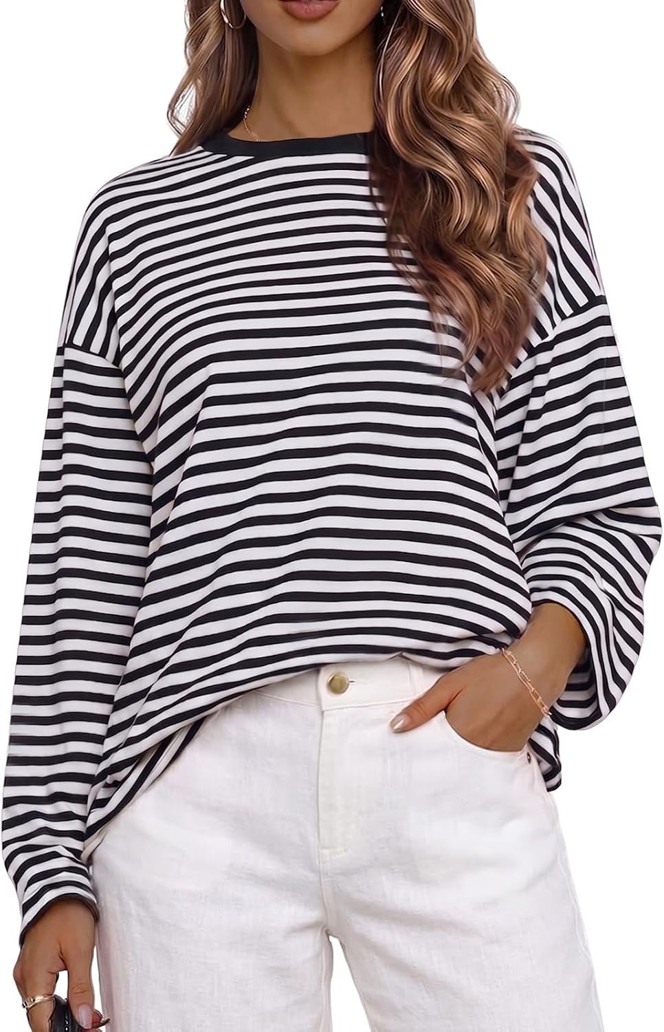 Cuptacc Langarm-Damen-Sweatshirt, gestreift, übergroß, Herbst, lässig