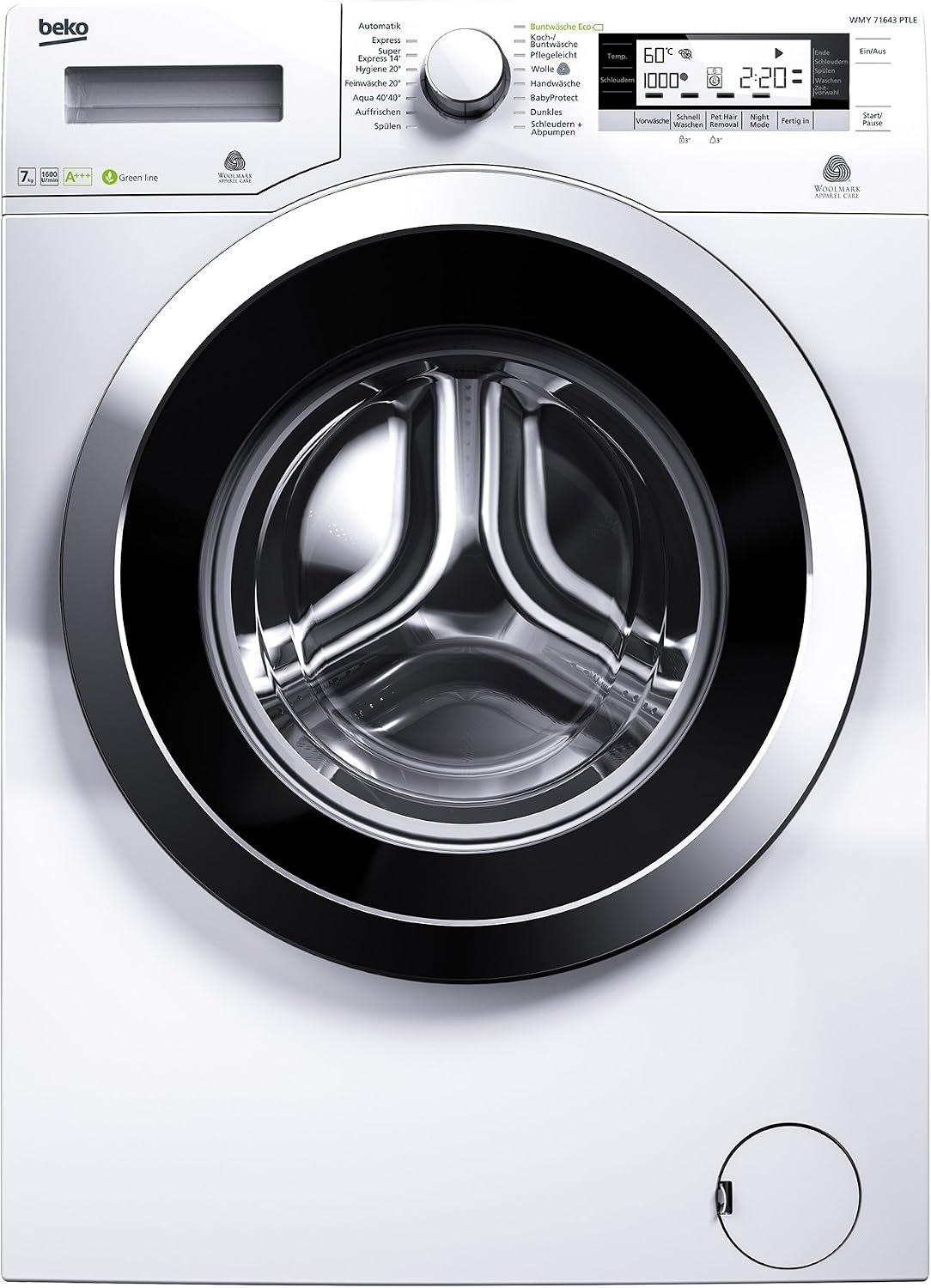 Beko WMY 71643 Ptle Frontlader-Waschmaschine / Energieeffizienzklasse A+++ / 171 kWh/Jahr / 1600 U/min / 7 kg / 9020 L / Weiß / Weißes Display