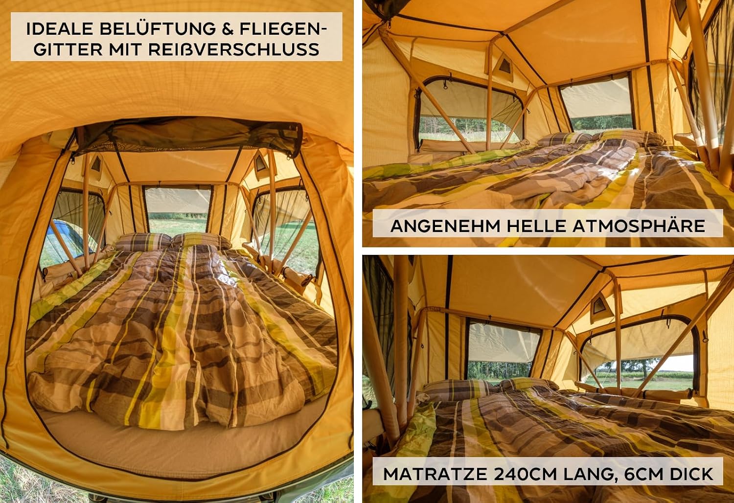 Autodachzelt mit Vorzelt 160 x 240 cm für 3-4 Personen – höhenverstellbares Vorzelt – inklusive Komfortmatratze – regensicher 5000 mm Wassersäule – Bild 3