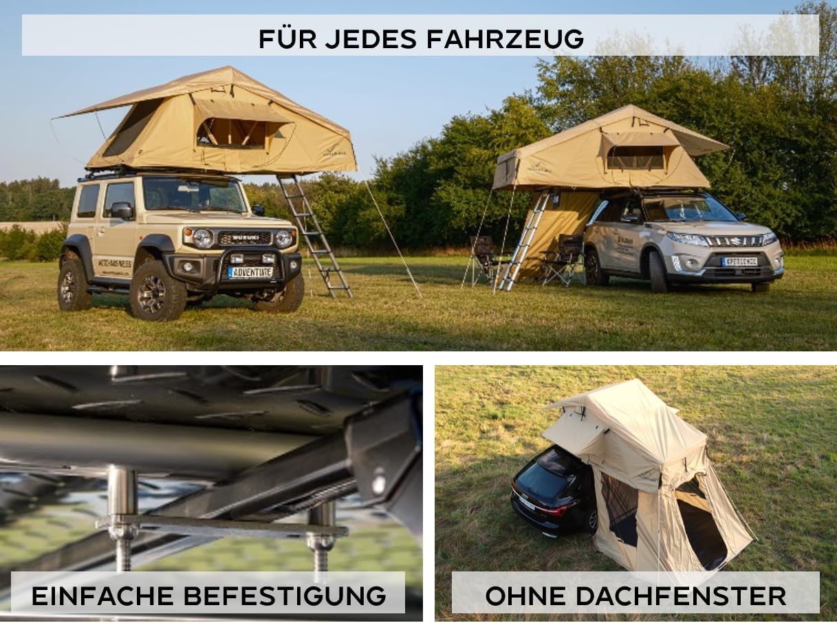 Autodachzelt mit Vorzelt 160 x 240 cm für 3-4 Personen – höhenverstellbares Vorzelt – inklusive Komfortmatratze – regensicher 5000 mm Wassersäule – Bild 4