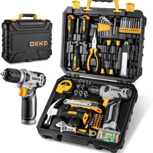 Deko Werkzeugkoffer 126-teilig mit 8V Akkuschrauber und LED, Gelbgrau