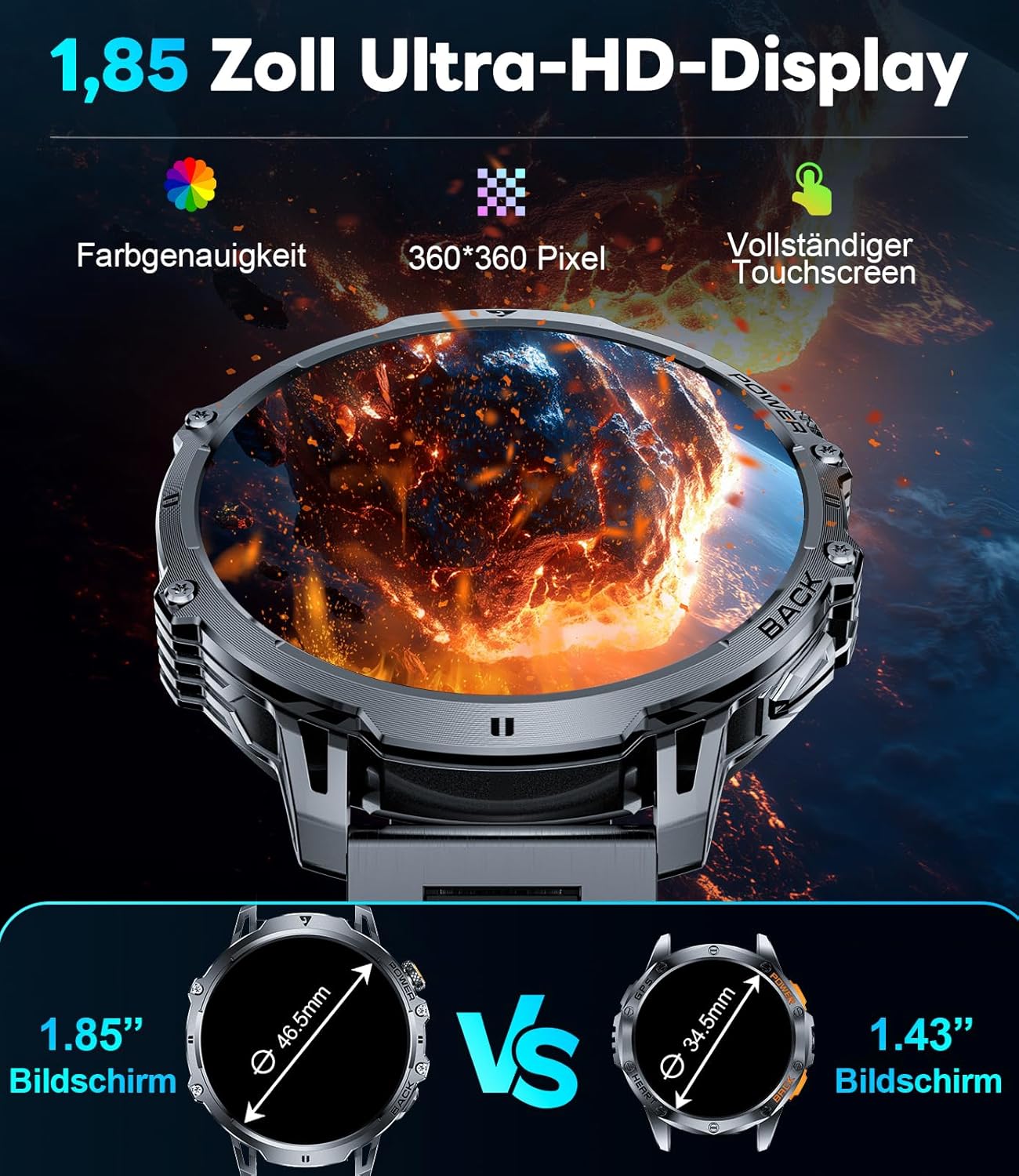 LIGE Militär-Smartwatch für Herren – 1400 mAh / 1,85 Zoll HD großer Touchscreen/Licht – Bild 4