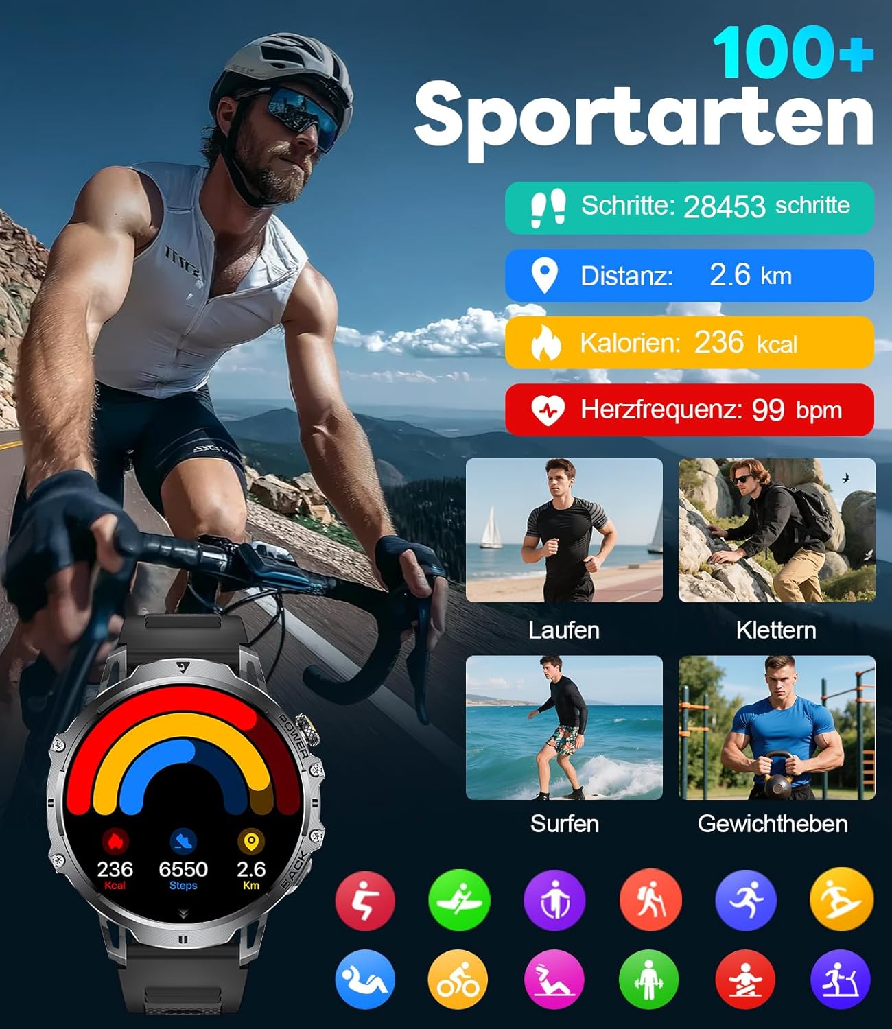 LIGE Militär-Smartwatch für Herren – 1400 mAh / 1,85 Zoll HD großer Touchscreen/Licht – Bild 5