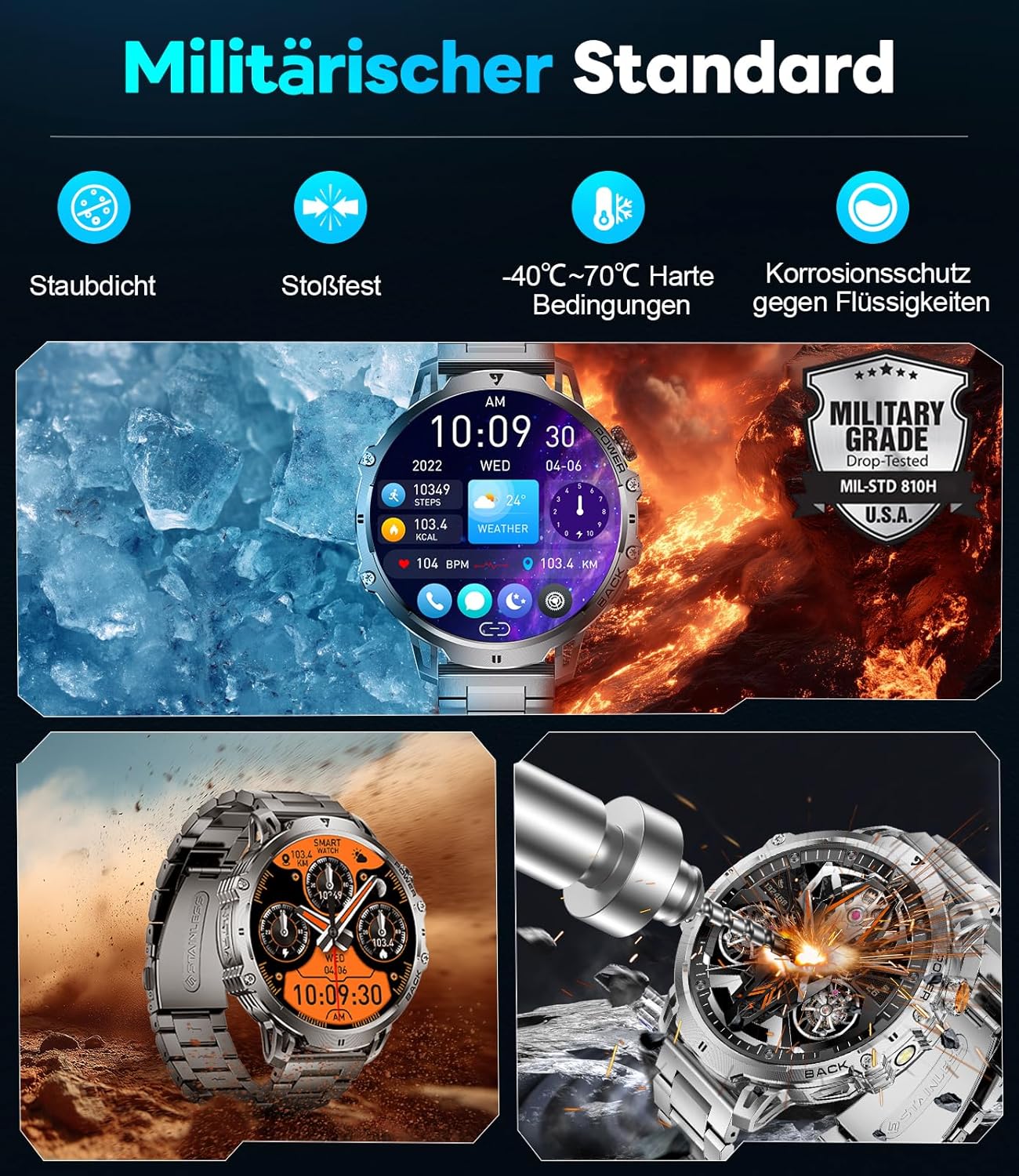 LIGE Militär-Smartwatch für Herren – 1400 mAh / 1,85 Zoll HD großer Touchscreen/Licht – Bild 7