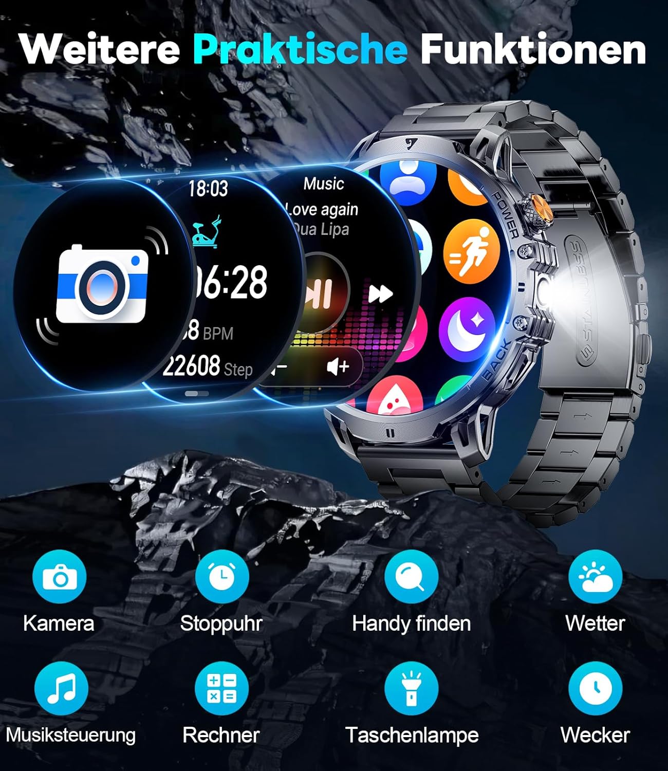 LIGE Militär-Smartwatch für Herren – 1400 mAh / 1,85 Zoll HD großer Touchscreen/Licht – Bild 9