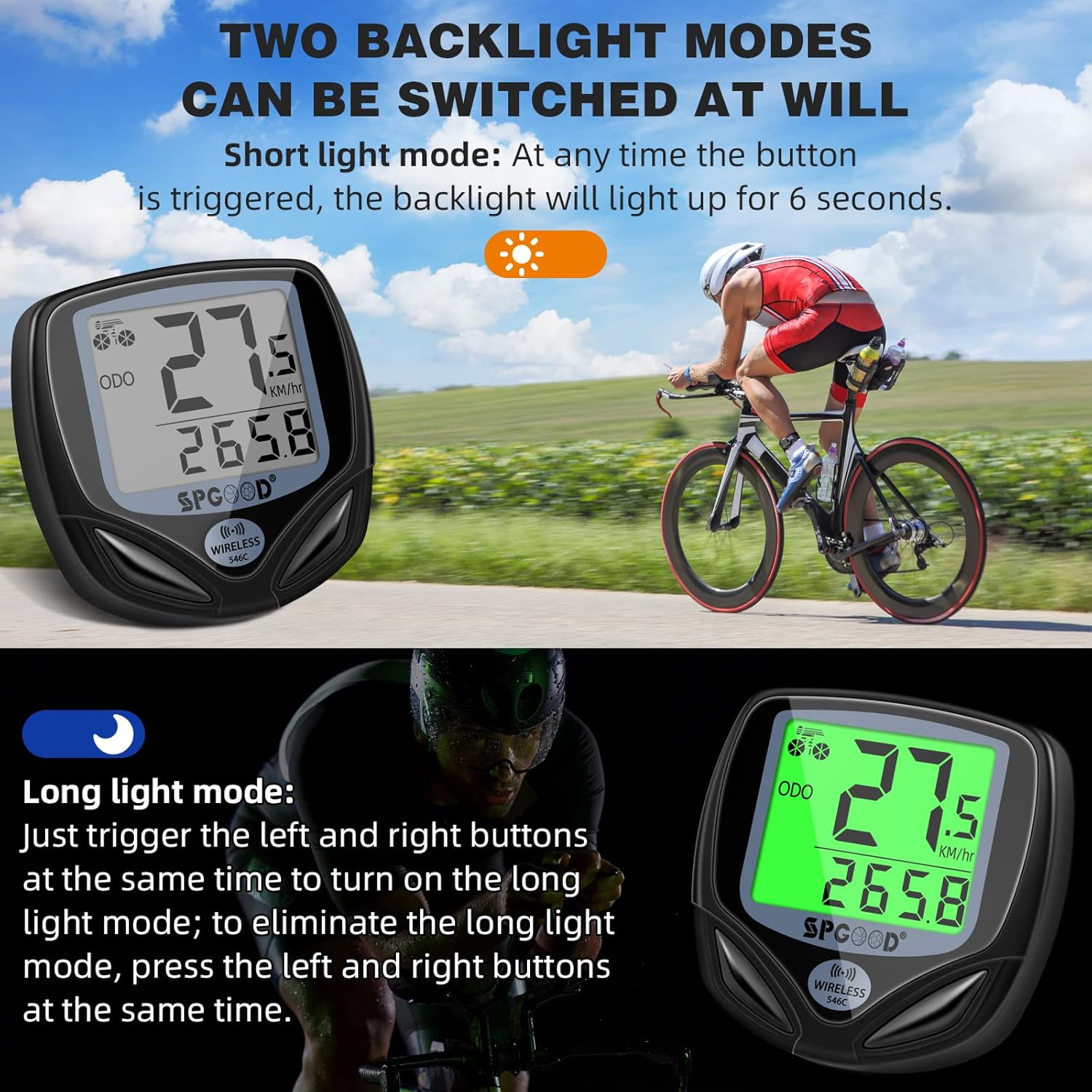 SPGOOD Kabelloser Fahrradcomputer, 19 Funktionen, IP54 wasserdicht, Schwarz – Bild 2