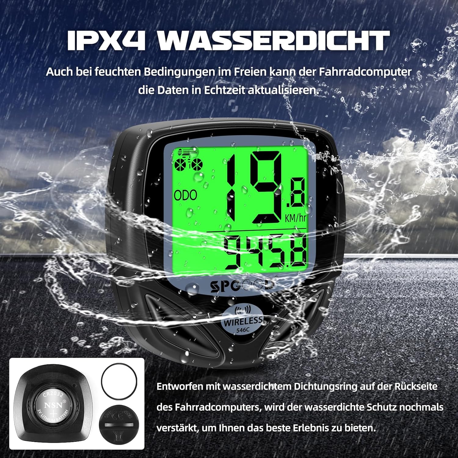 SPGOOD Kabelloser Fahrradcomputer, 19 Funktionen, IP54 wasserdicht, Schwarz – Bild 3