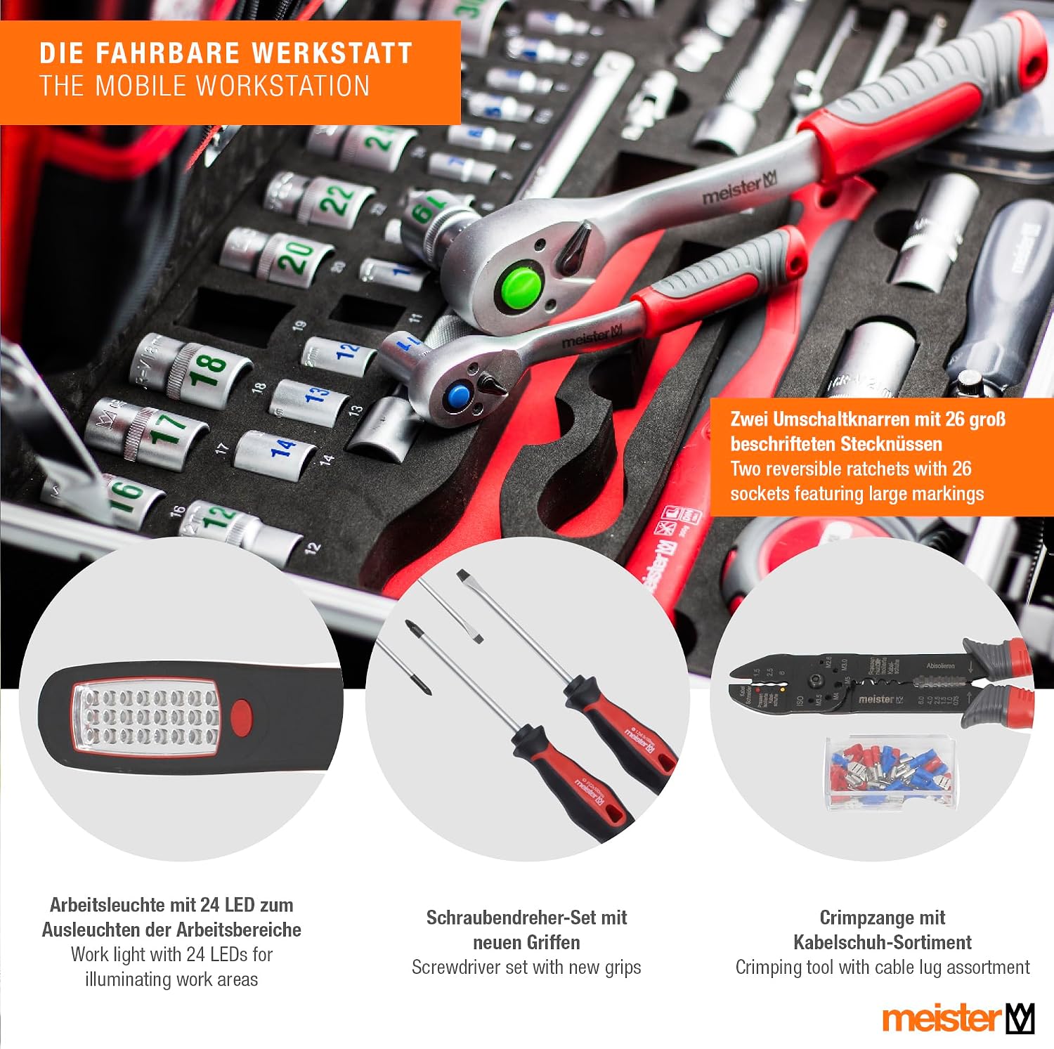 Meister Werkzeugwagen 156-teilig - Werkzeugset - mit Rollen - Teleskopgriff / Profi-Werkzeugkoffer gefüllt / Werkzeugkoffer fahrbar auf Rollen / Werkzeugkoffer komplett mit Werkzeugen / 8971440 – Bild 4