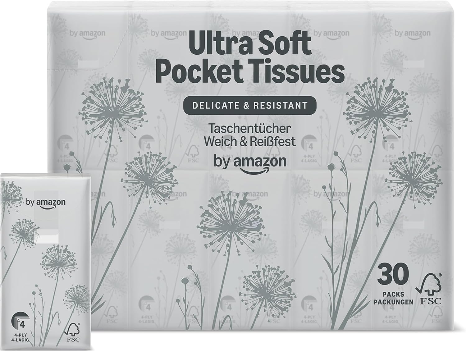 von Amazon 300 4-lagige Taschentücher (30 Packungen mit je 10 Stück). Bisher unsere Essentials, dasselbe Produkt