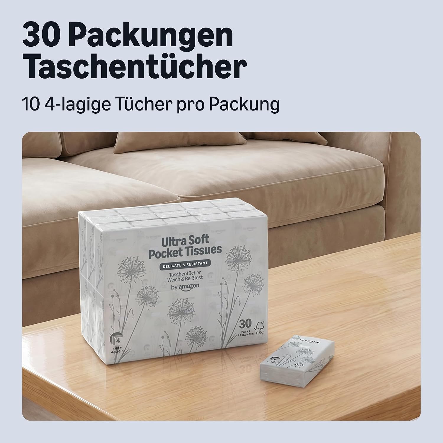 von Amazon 300 4-lagige Taschentücher (30 Packungen mit je 10 Stück). Bisher unsere Essentials, dasselbe Produkt – Bild 3