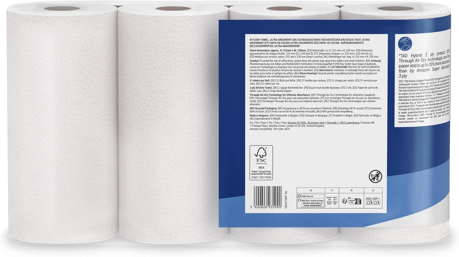von Amazon Ultra Absorbent TAD Küchenrolle, 32 Rollen (8 Packungen mit je 4 Stück), 51 Blatt pro Rolle – Bild 7