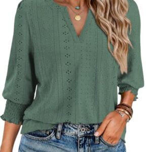 Cuptacc Bluse Damen Elegant 3/4 Arm V Ausschnitt Lochstickerei Top Cas...