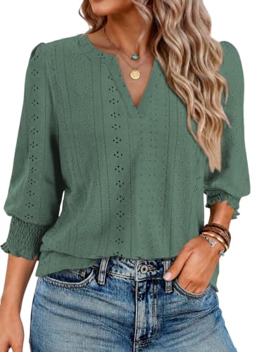 Cuptacc Bluse Damen Elegant 3/4 Arm V Ausschnitt Lochstickerei Top Casual
