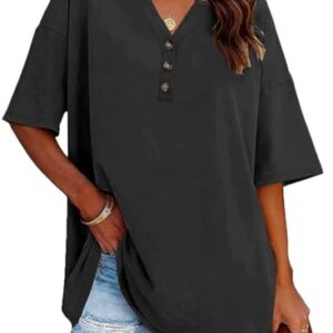 Teesho Damen T-Shirt Oversize Sommer Oberteil V-Ausschnitt Tunika Kurz...
