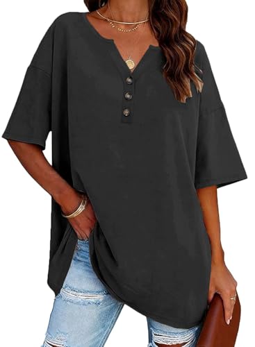 Teesho Damen T-Shirt Oversize Sommer Oberteil V-Ausschnitt Tunika Kurzarm Tops