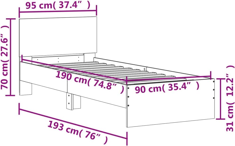 vidaXL Bettgestell mit Kopfteil Räuchereiche 90 x 190 cm Holzmaterial – Bild 3
