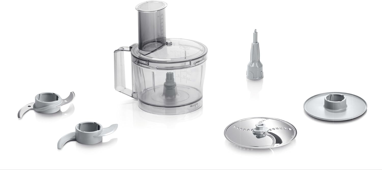 Bosch Kompakt-Küchenmaschine MultiTalent 3, 20 Funktionen, Rührschüssel 2,3 L, Universalmesser, Schneid-Raspel-Wendescheibe, Schlagscheibe (Sahne), Einfüllhilfe, Deckel, 800 W, weiß, MCM3100W – Bild 8