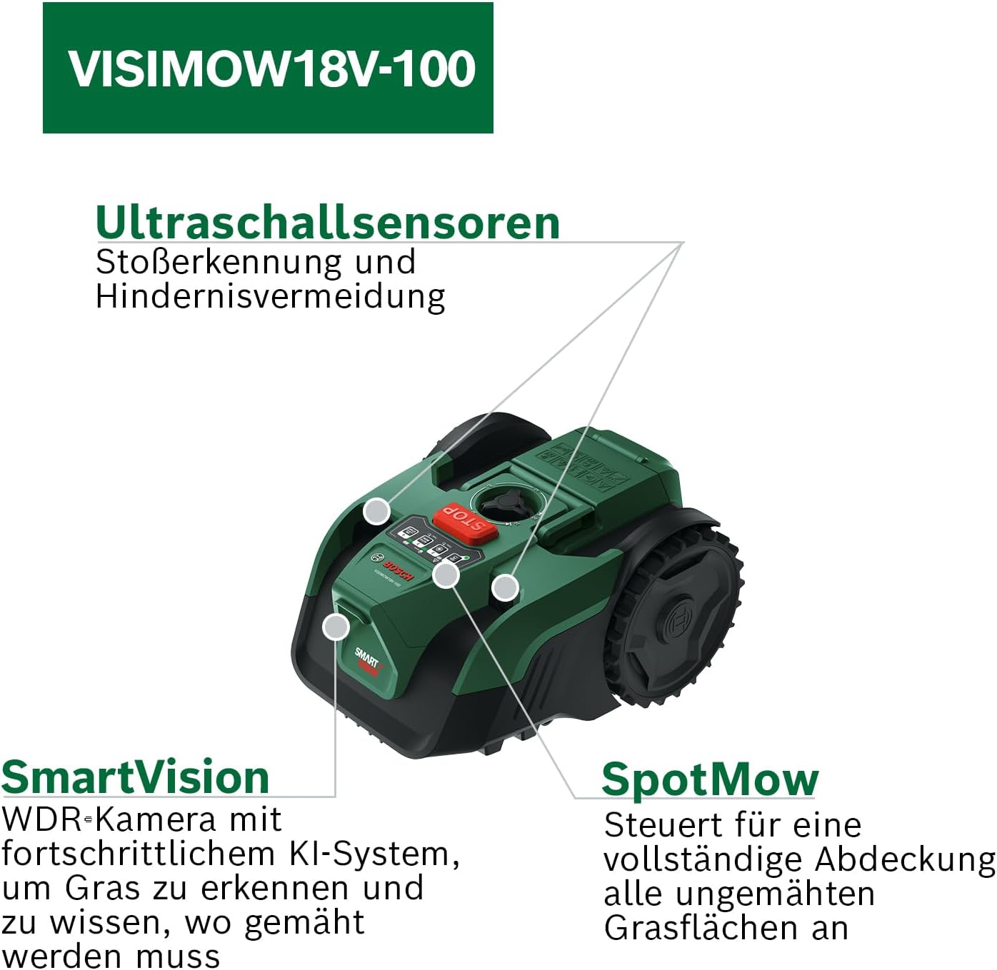 Bosch VISIMOW18V-100 Roboter-Rasenmäher (für Rasenflächen bis 100 m², Schnittbreite: 16 cm, Schnitthöhe: 20-60 mm, ohne Akku) – Bild 4