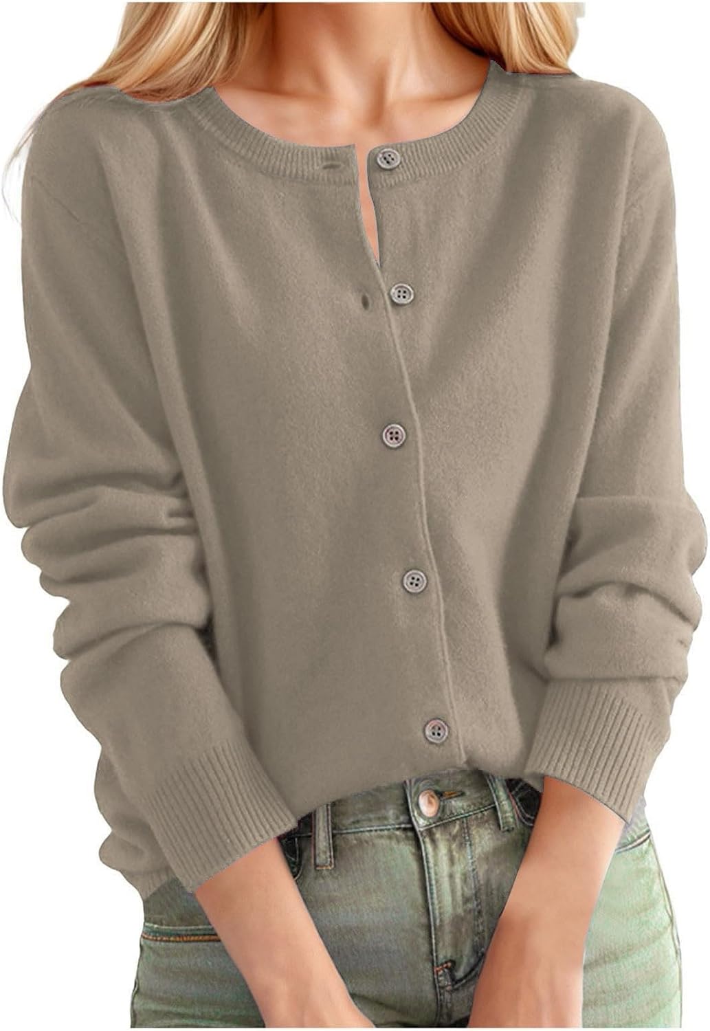 Strickjacke Damen Langarm Cardigan Rundhals Jacke Einfarbig Pullover