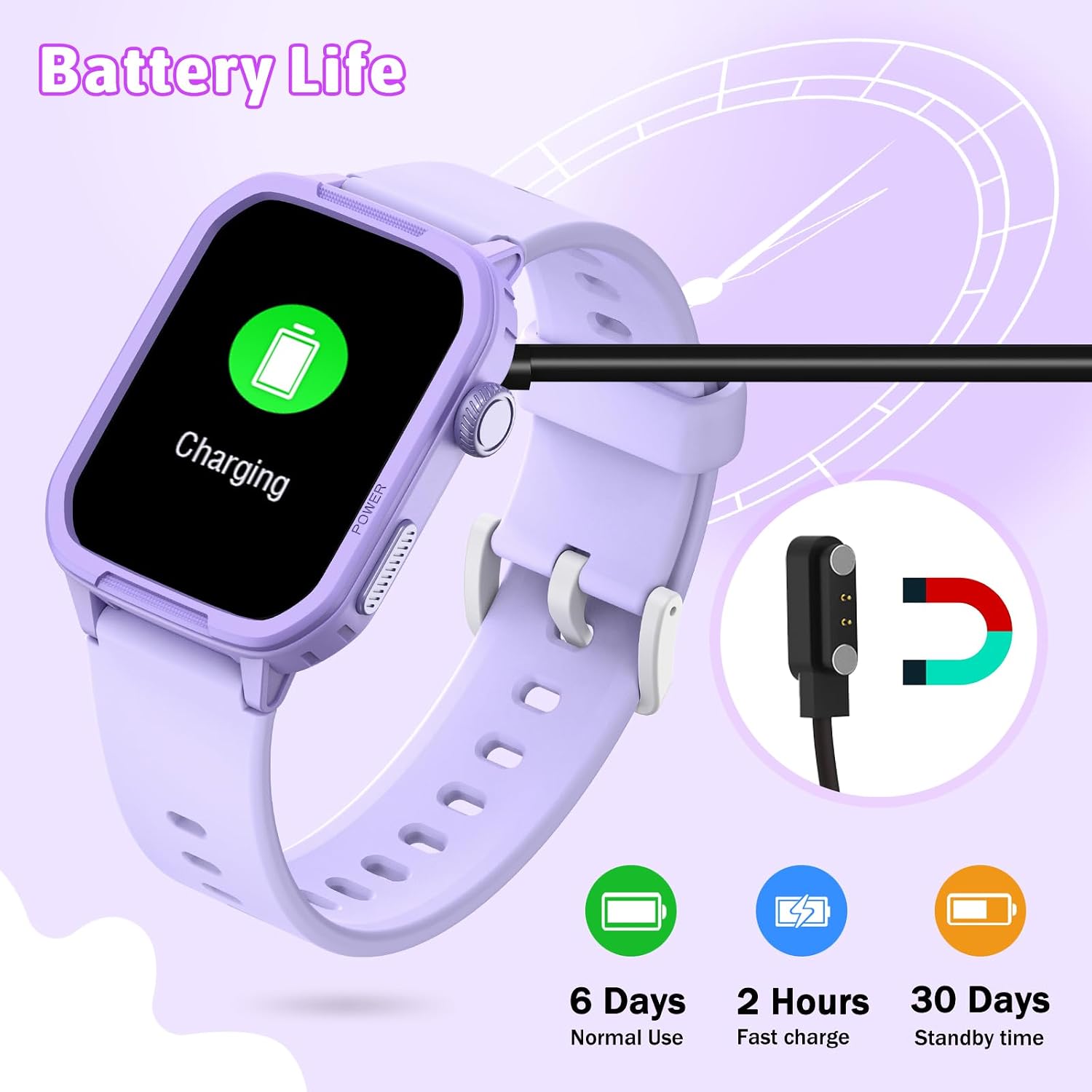 Smartwatch Kinder Fitness Tracker Uhr Digitale Fitnessuhr mit Schrittzähler, 24/7 Puls, IP68 Wasserdicht, Schlafmonitor, Wecker, Geschenk für Kinder Mädchen Jungen 6-16 (Lila) – Bild 8
