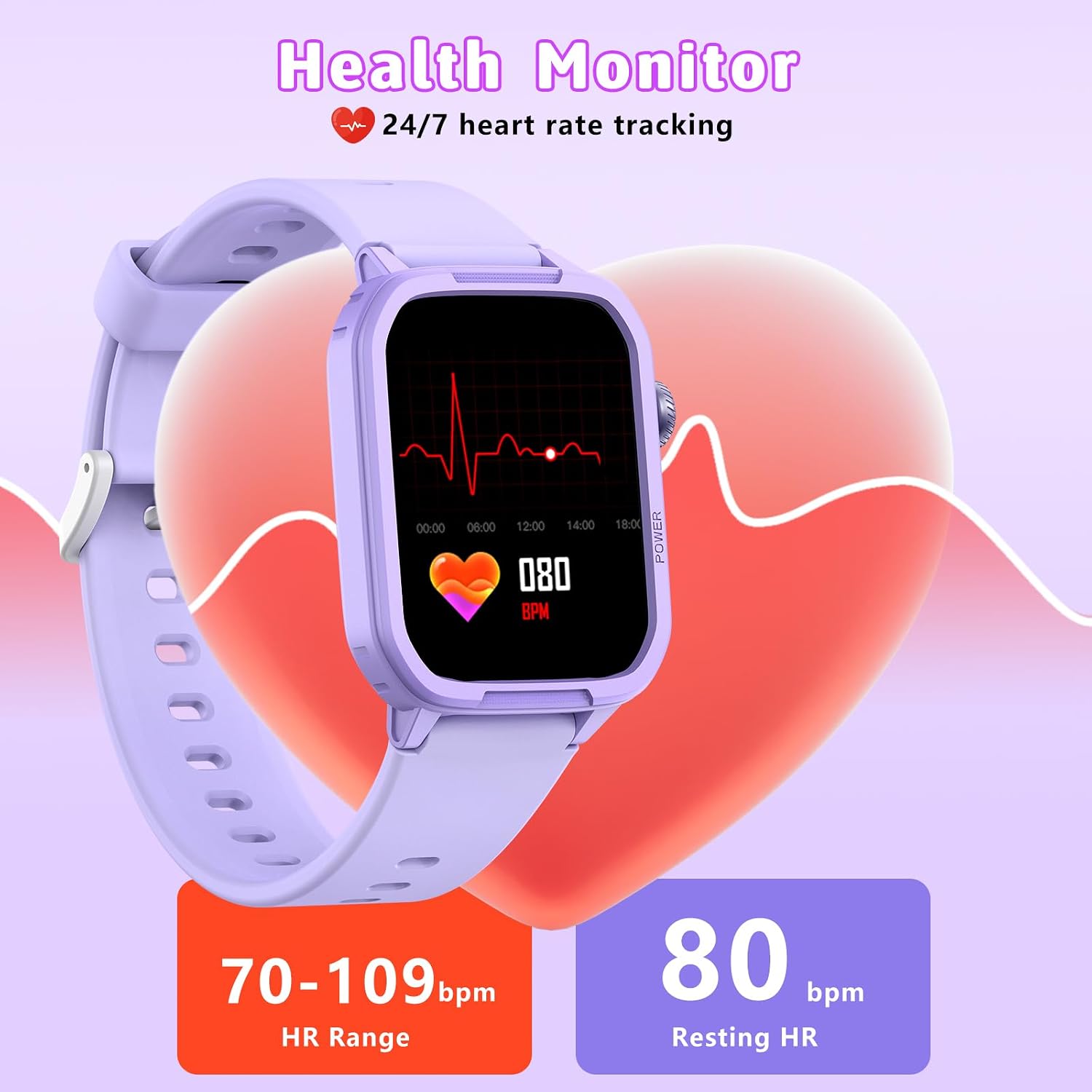 Smartwatch Kinder Fitness Tracker Uhr Digitale Fitnessuhr mit Schrittzähler, 24/7 Puls, IP68 Wasserdicht, Schlafmonitor, Wecker, Geschenk für Kinder Mädchen Jungen 6-16 (Lila) – Bild 5