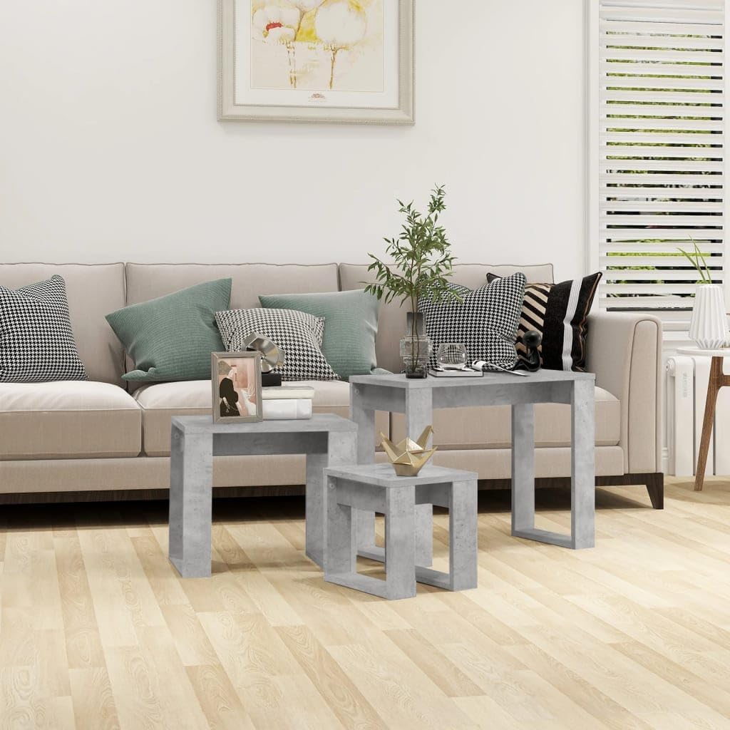 vidaXL 3er Set Couchtisch Beistelltisch Wohnzimmertisch Sofatisch Teetisch Nachttisch Wohnzimmer Beton Grau Holzwerkstoff – Bild 2