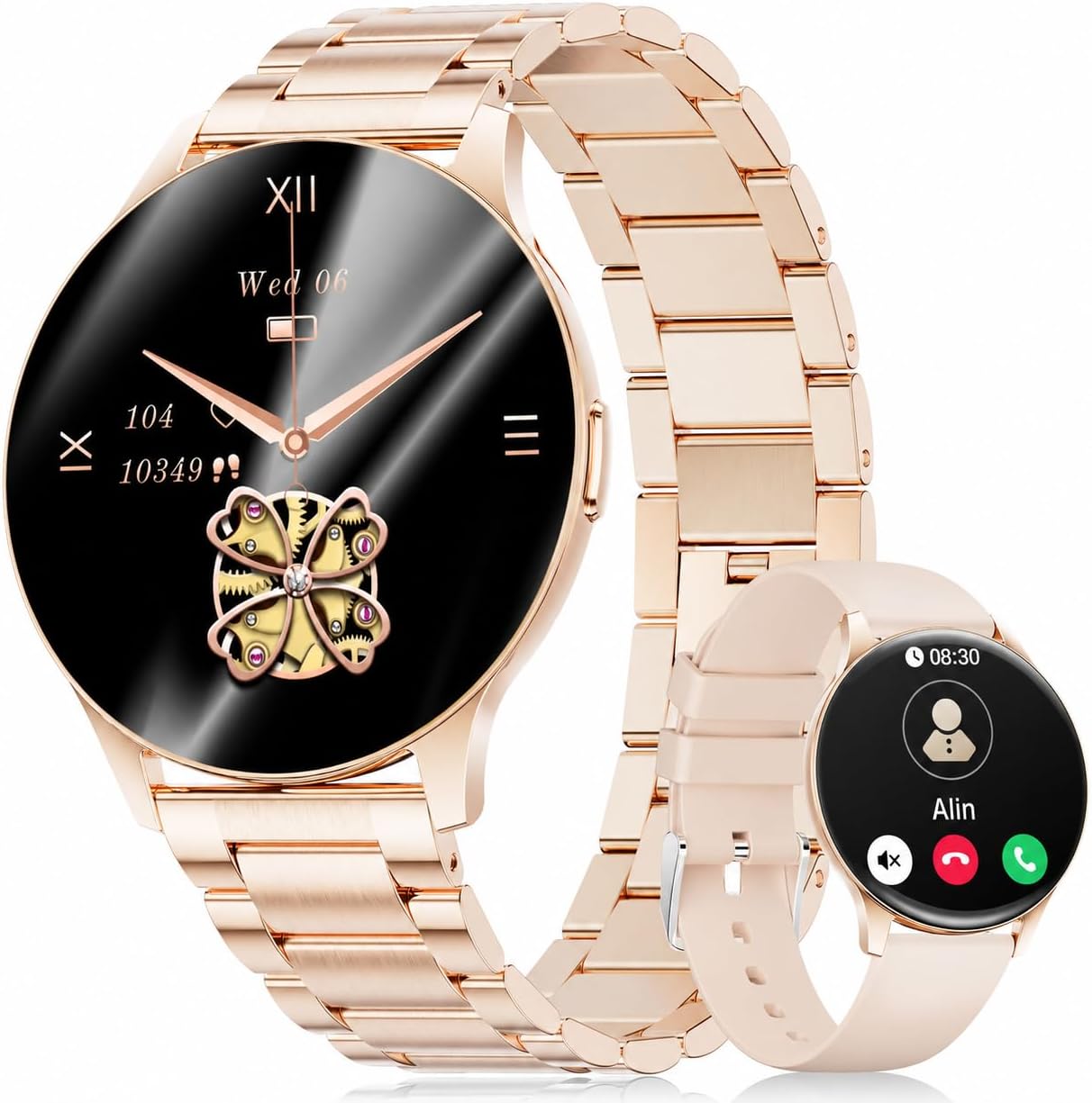 Damen-Smartwatch (2 Armbänder), Premium-Metallarmband, ultradünn, 1,43 Zoll HD AMOLED-Display, 120+ Sportmodi, Fitnessuhr mit Schlaf-Tracking, Telefonfunktion, Uhr für iOS Android
