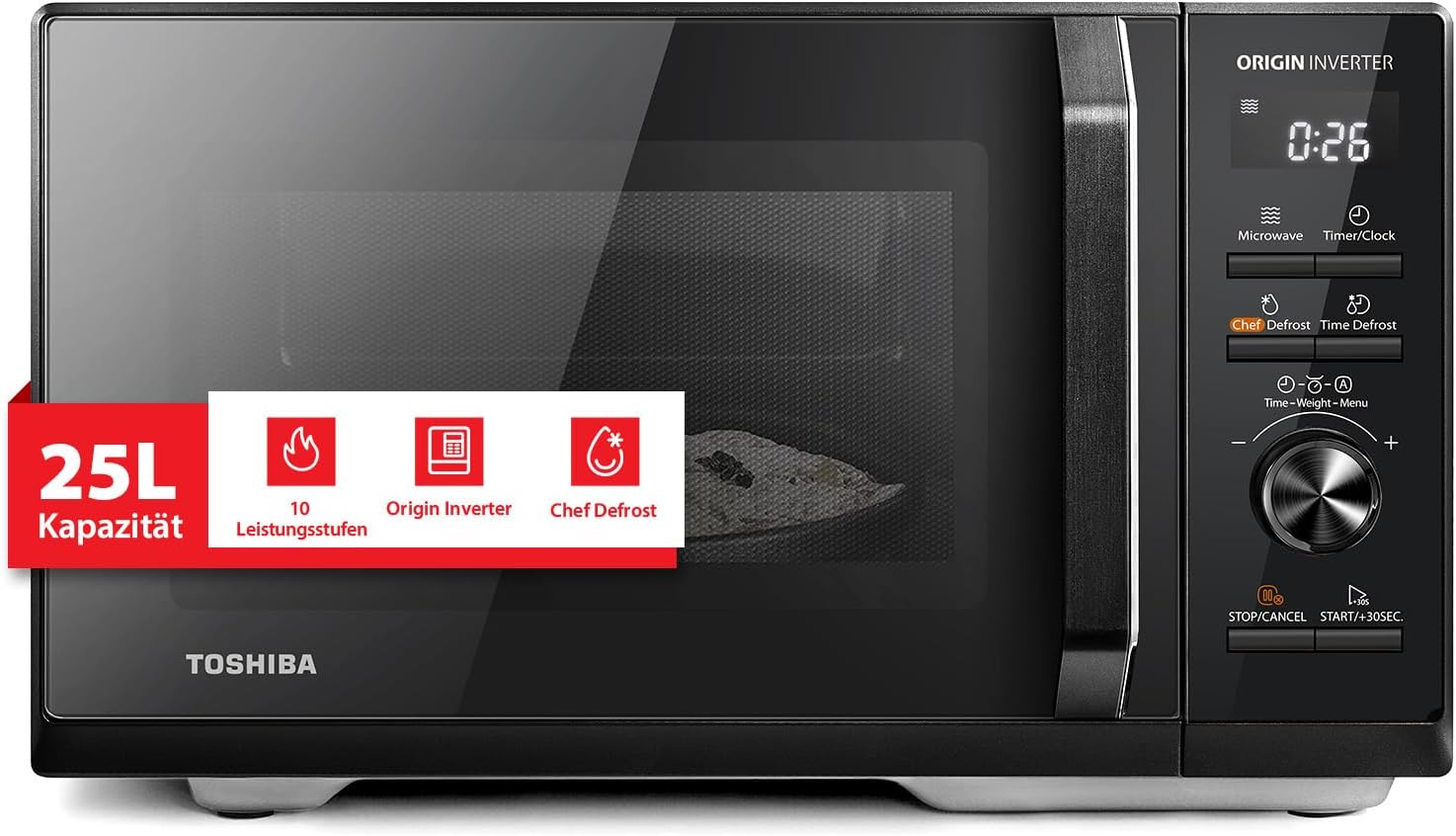 Toshiba MW3-AM25PFI(BK) Solo-Mikrowelle, 25 l, 900 W, Mikrowelle in Schwarz mit Origin-Inverter, Chef-Auftaufunktion, 10 Leistungsstufen, 7 automatische Menüs, einfache Reinigung