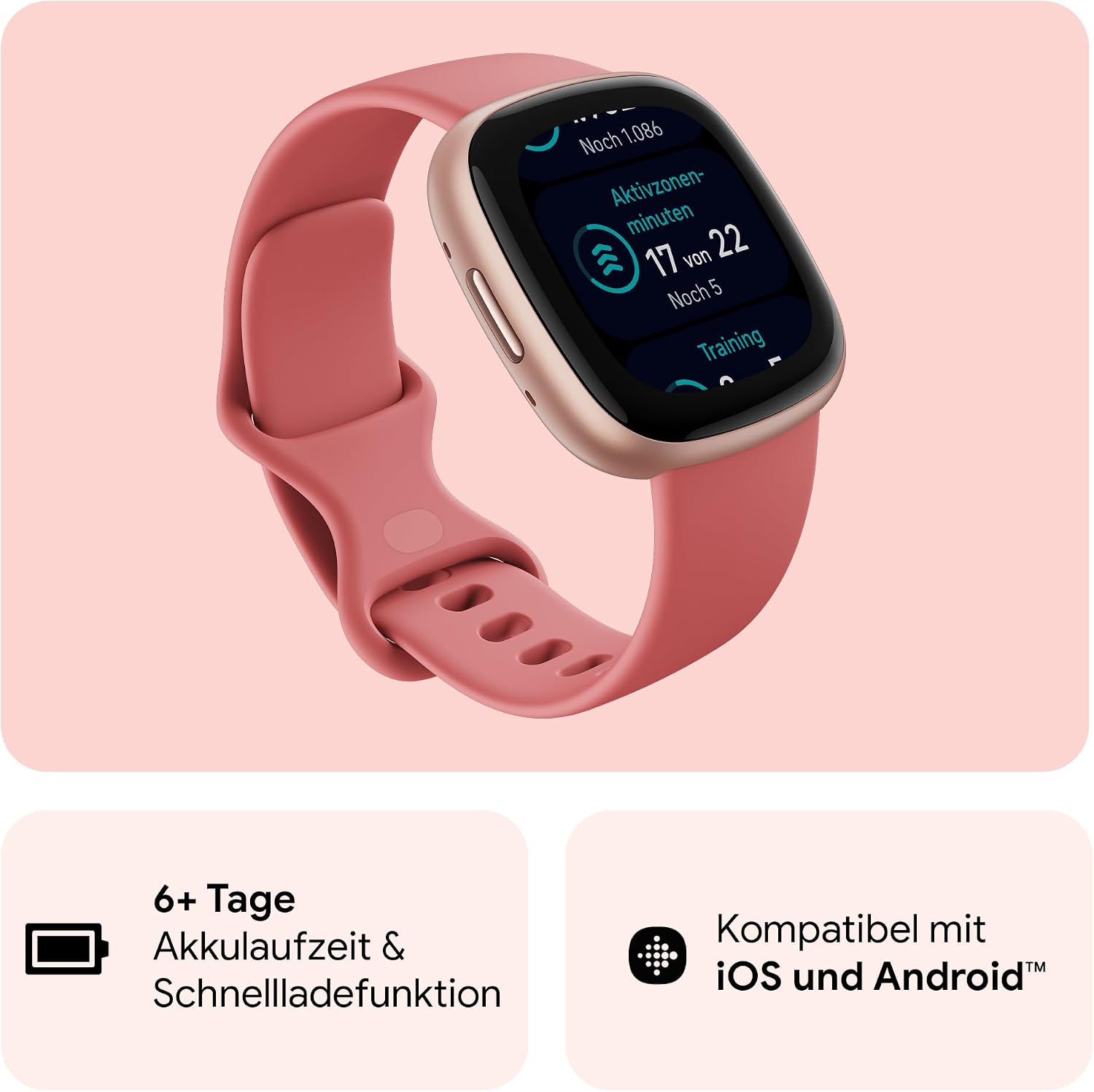 Fitbit Google Versa 4 Smartwatch Fitness-Tracker, inklusive 3-monatiger Google Health Premium-Mitgliedschaft, 6 Tage Akkulaufzeit – kompatibel mit Android/iOS, Sandrosa/Aluminium in Kupferrosa – Bild 2