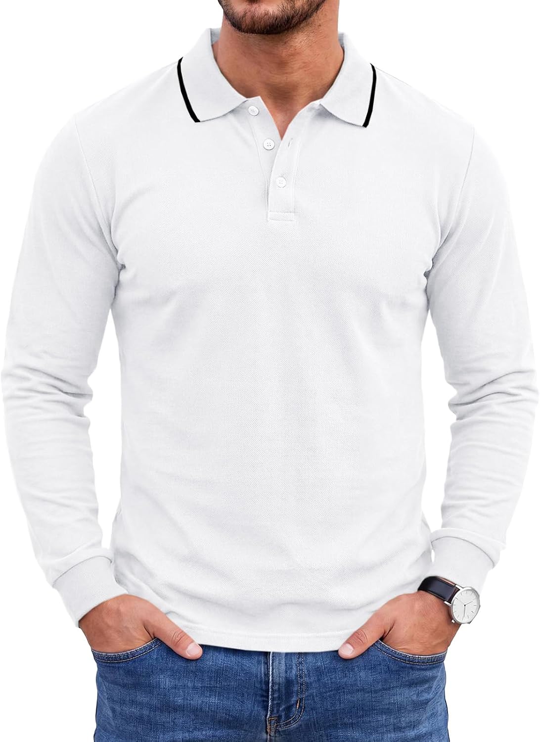 Runcati Herren-Poloshirts mit langen Ärmeln, einfarbig, leichte Oberteile