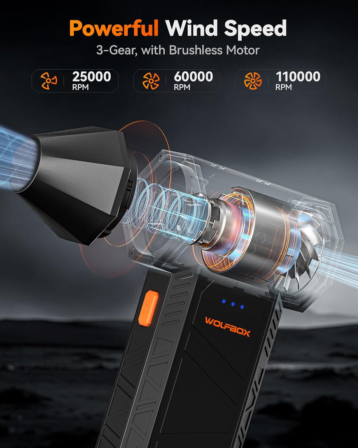 WOLFBOX MegaFlow 50 Elektrischer Luftzerstäuber, 110.000 U/min, kabellos, 3 Geschwindigkeiten – Bild 2