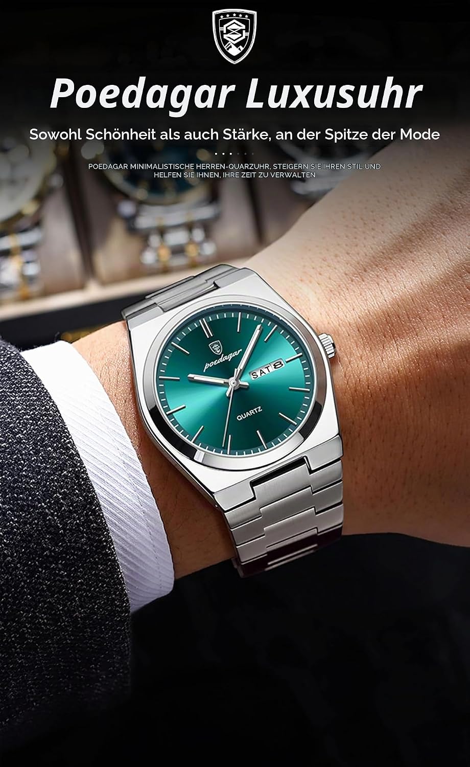 Poedagar Herren-Quarzuhr, wasserdicht, leuchtend, Datum, Woche, modisch, Business, klassische Uhren, Edelstahl, Herrenuhr – Bild 3