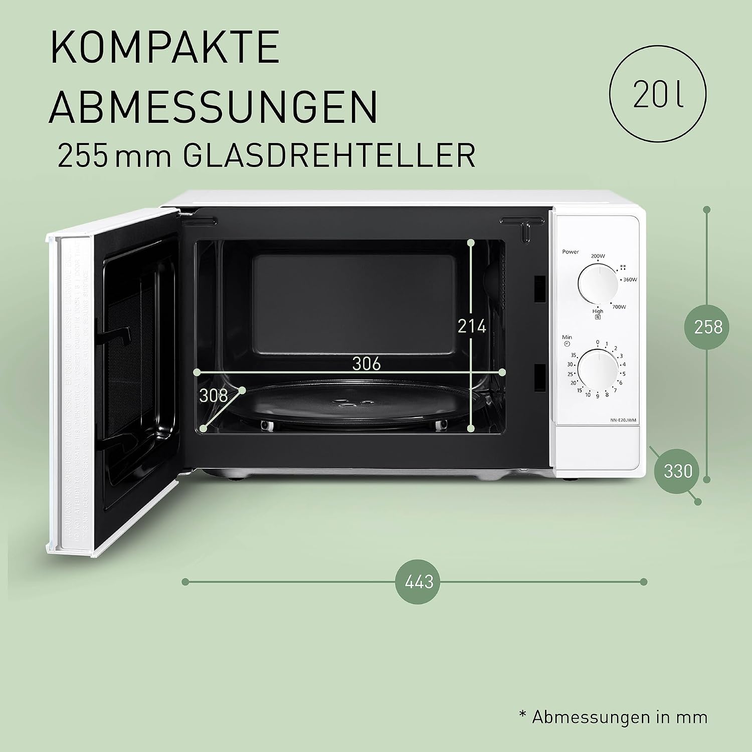 Panasonic NN-E20JWMEBG Mikrowelle mit Glasplatte, 20 l, 800 W, Auftaufunktion, 5 Leistungsstufen, Timer, weiß, Modell 2025 – Bild 2