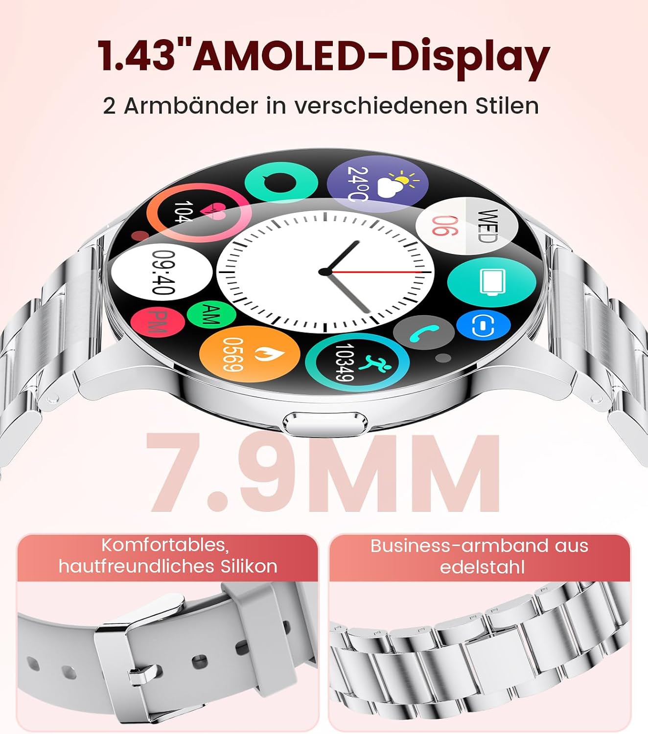 Damen Smartwatch (2 Armbänder), Premium Metallarmband, 1,43 Zoll HD AMOLED Display, 120+ Sportmodi, Fitnessuhr mit Schlaftracking, Telefonfunktion, Uhr für iOS Android, Silber – Bild 3