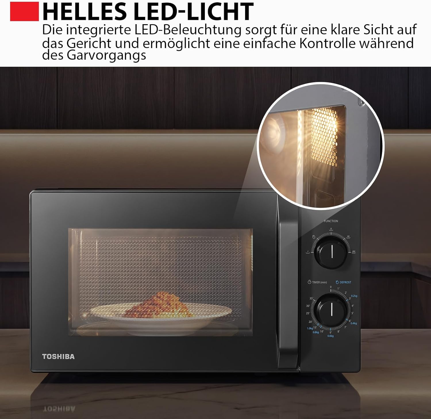 Toshiba MW2-MM20PE(BK) Freistehende Mikrowelle / Solo-Mikrowelle / 20L / 700W / 5 Leistungsstufen mit praktischer Auftaufunktion / LED-Beleuchtung im Innenraum / Schwarz – Bild 7