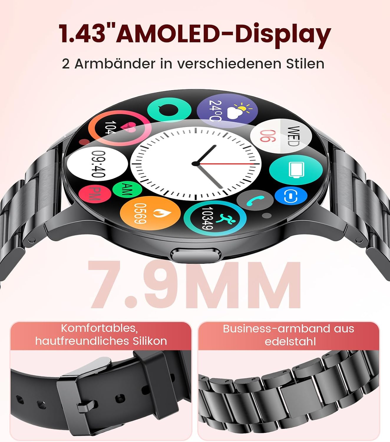 Damen Smartwatch (2 Armbänder), Premium Metallarmband, 1,43 Zoll HD AMOLED Display, 120+ Sportmodi, Fitnessuhr mit Schlaftracking, Telefonfunktion, Uhr für iOS Android, Schwarz – Bild 2