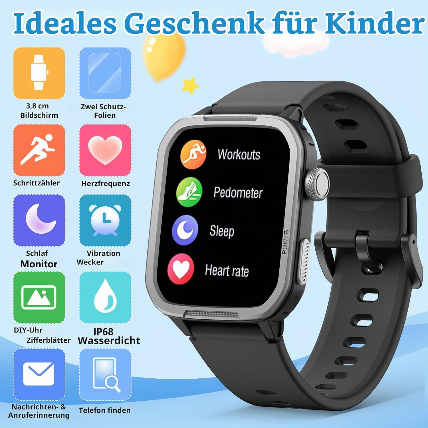 Smartwatch Kinder Fitness Tracker Uhr Digitale Fitnessuhr mit Schrittzähler, 24/7 Puls, IP68 Wasserdicht, Schlafmonitor, Wecker, Geschenk für Kinder Mädchen Jungen 6-16 (Schwarz) – Bild 2
