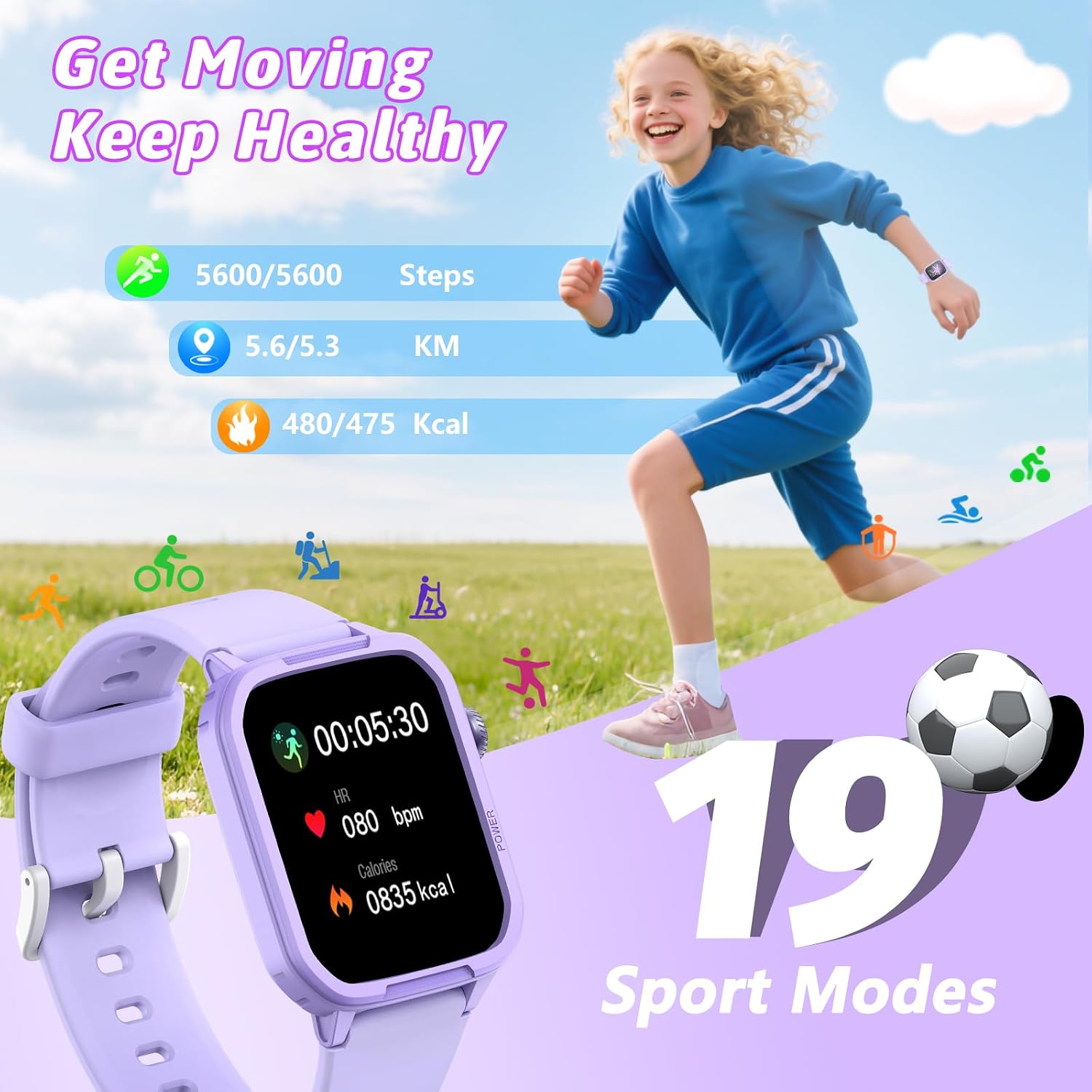 Smartwatch Kinder Fitness Tracker Uhr Digitale Fitnessuhr mit Schrittzähler, 24/7 Puls, IP68 Wasserdicht, Schlafmonitor, Wecker, Geschenk für Kinder Mädchen Jungen 6-16 (Lila) – Bild 4