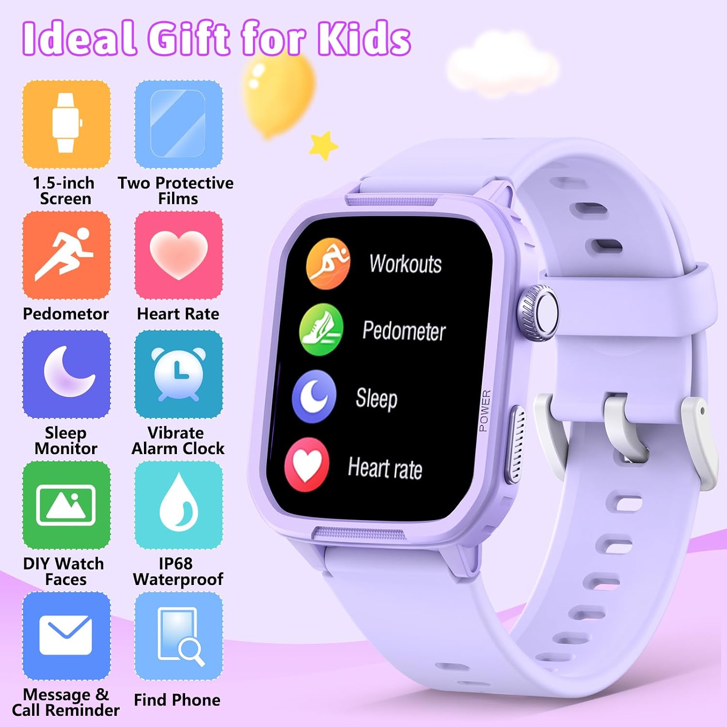 Smartwatch Kinder Fitness Tracker Uhr Digitale Fitnessuhr mit Schrittzähler, 24/7 Puls, IP68 Wasserdicht, Schlafmonitor, Wecker, Geschenk für Kinder Mädchen Jungen 6-16 (Lila) – Bild 2