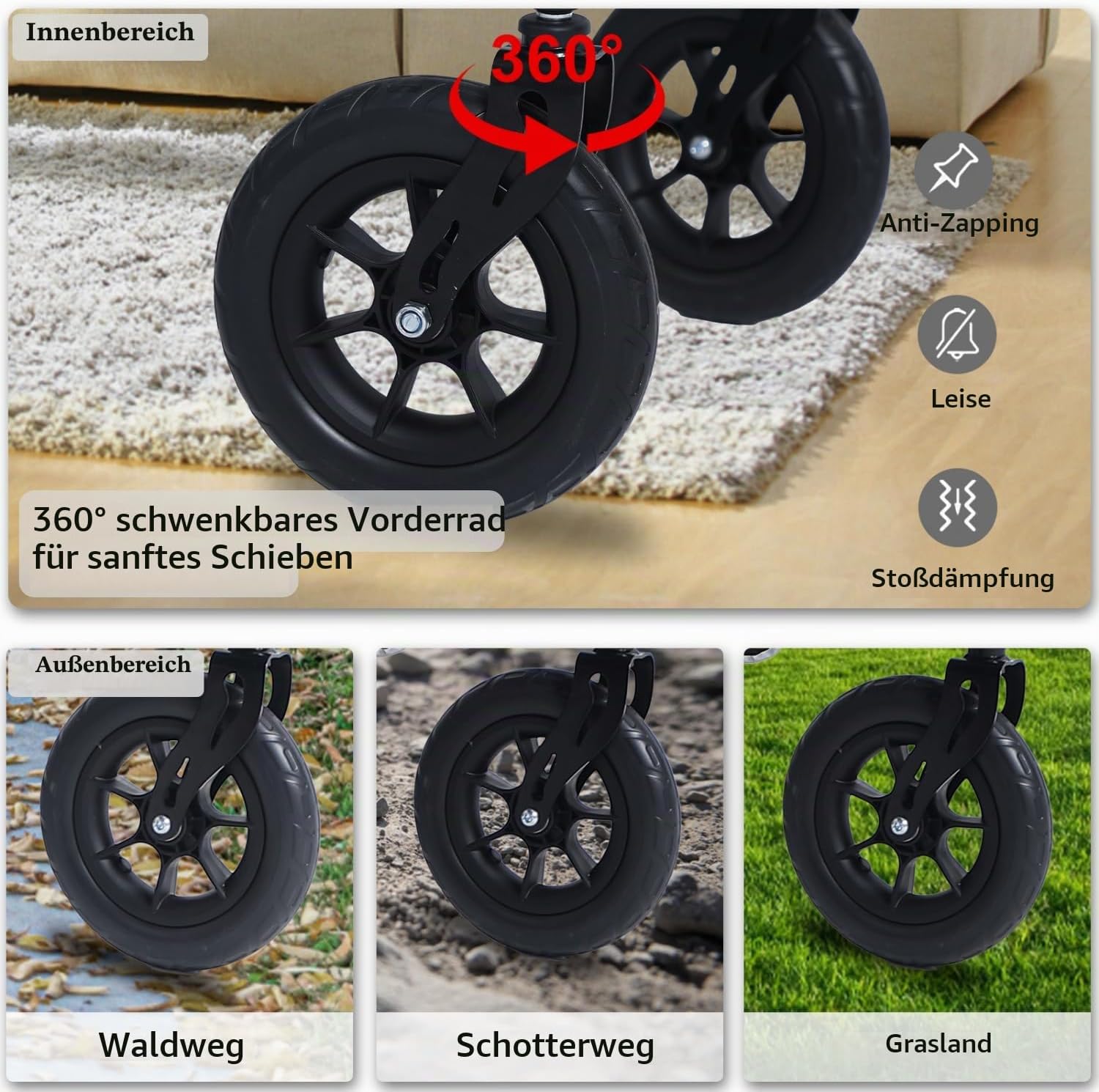 Klappbarer Rollator mit Sitzpolster, Einkaufstasche und Stockhalter – höhenverstellbar, leicht und schlank für Senioren – Gehhilfe mit Bremse, 10 Zoll/8 Zoll All-Terrain-Räder, Aluminium, Schwarz (Rot) – Bild 4