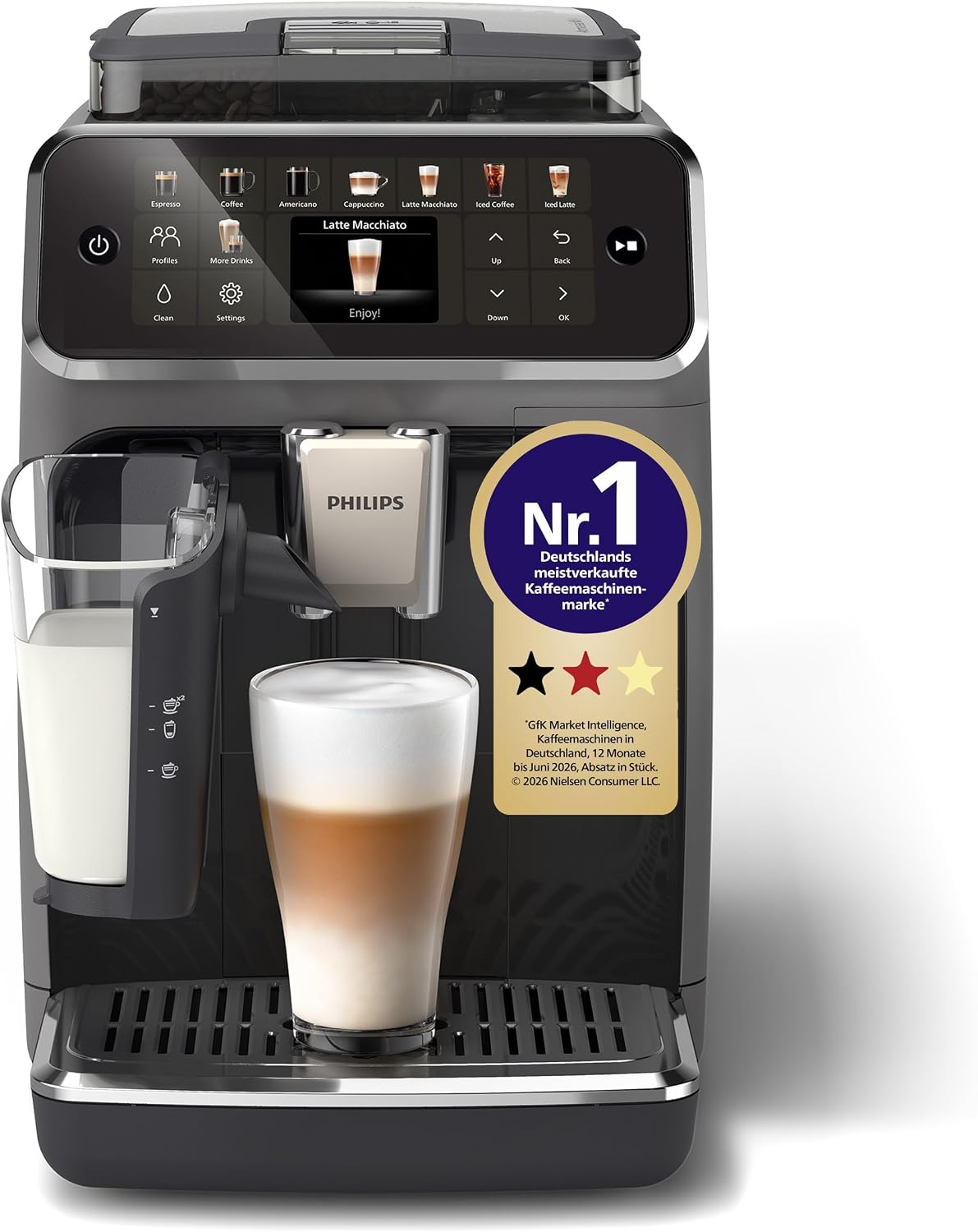 Philips Series 5500 Vollautomatische Latte-Go-Espressomaschine, SilentBrew-Technologie, Schnellstart. Aromatischer Kaffee aus frisch gemahlenen Bohnen, 20 Heiß- und Eisgetränke, Grau (EP5544/50)