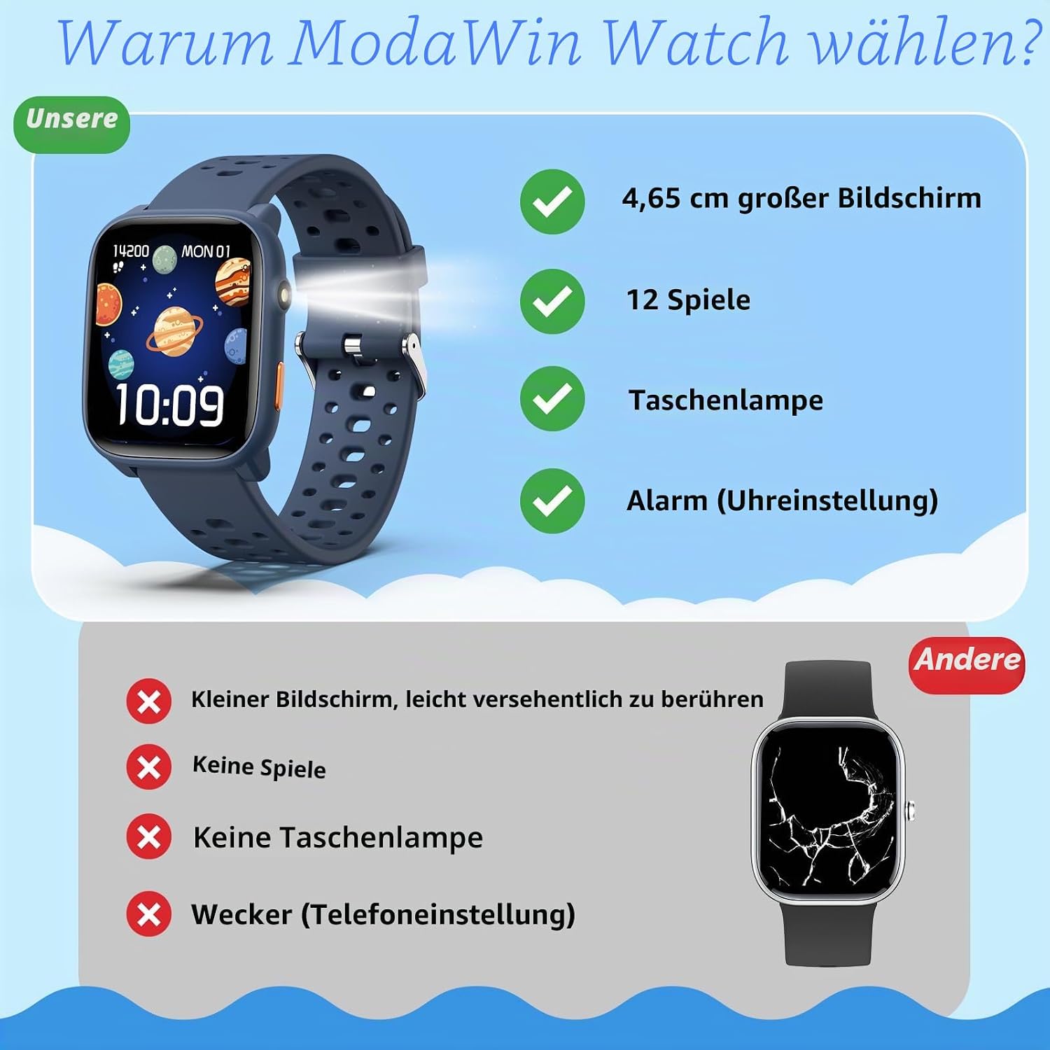 Kinder Smartwatch Fitness Tracker Uhr Digitale Fitnessuhr mit Schrittzähler, 24/7 Puls, IP68 Wasserdicht, Schlafmonitor, Wecker, Puzzlespiele, 1,85 Zoll HD Touchscreen für Mädchen Jungen 6-16 – Bild 3
