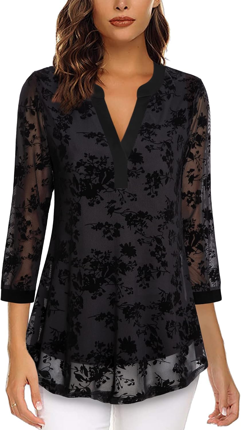 Vafoly Women's 3/4 Sleeve Top, Henley V-Neck, Double Layer, Mesh, Blouse, Tunic – Bild 2